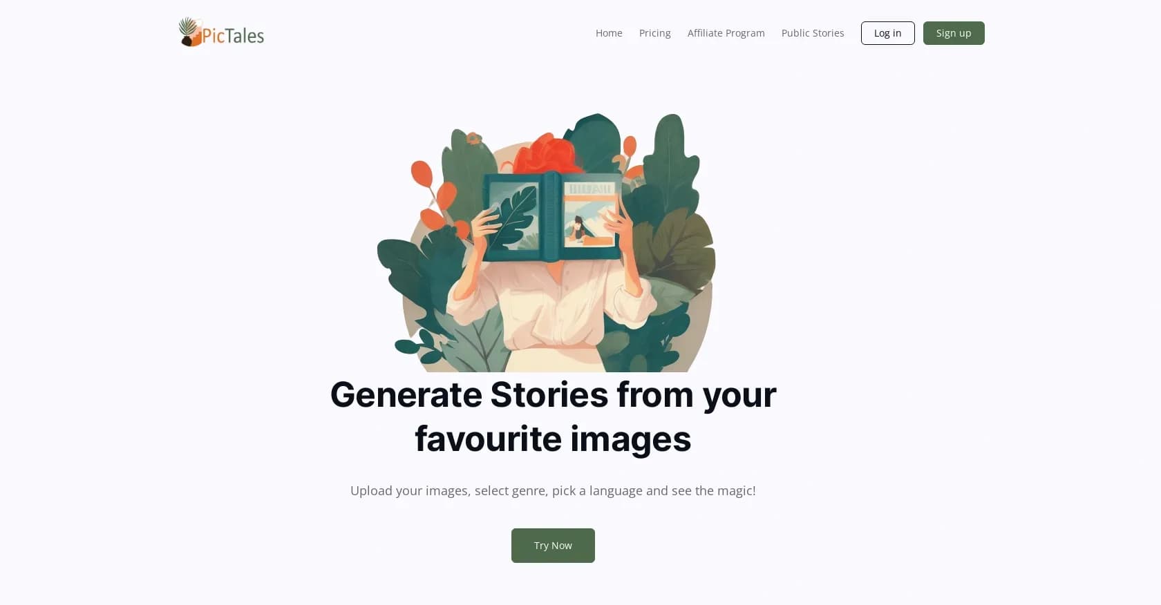 PicTales homepage screenshot — Transform images into captivating stories.