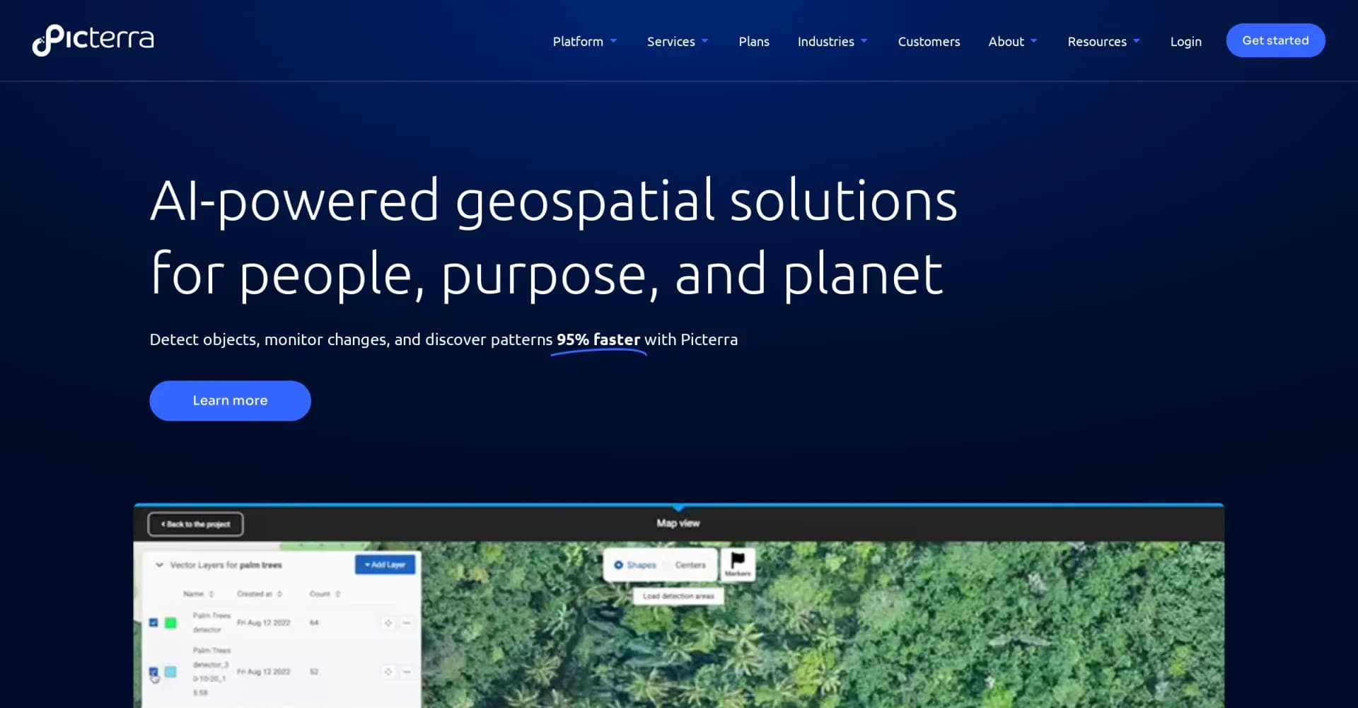 Picterra homepage screenshot — Transform geospatial data into sustainable action.