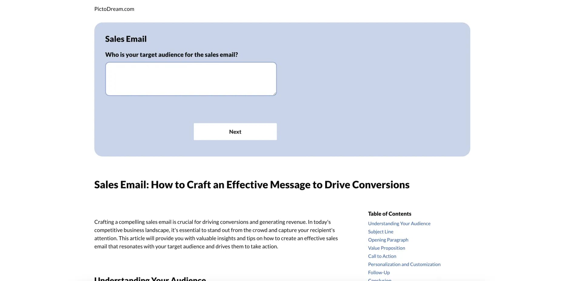 PictoDream homepage screenshot — Craft sales emails that connect, engage, and convert.