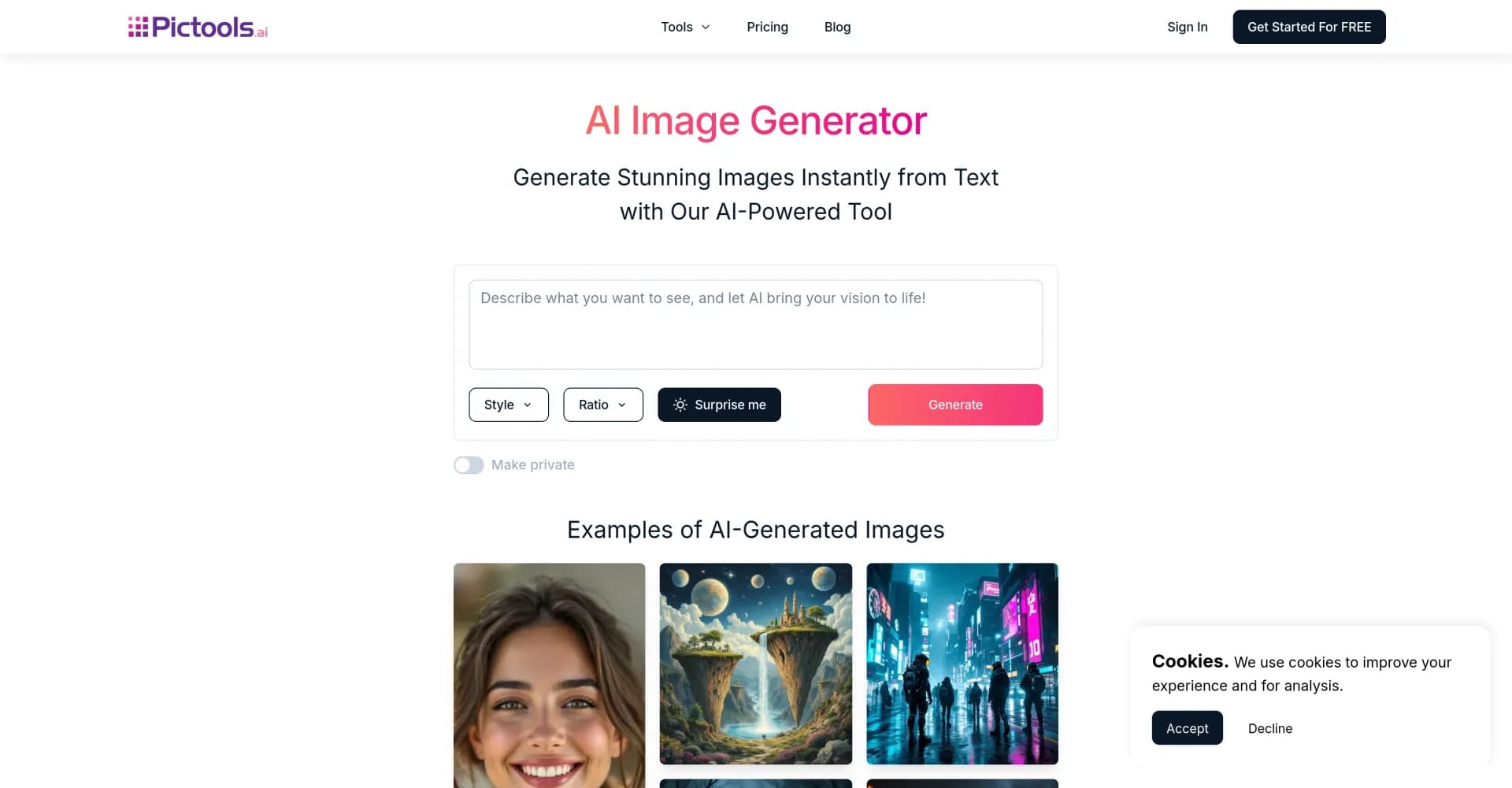 PicTools AI Image Generator homepage screenshot — Create stunning images from text instantly