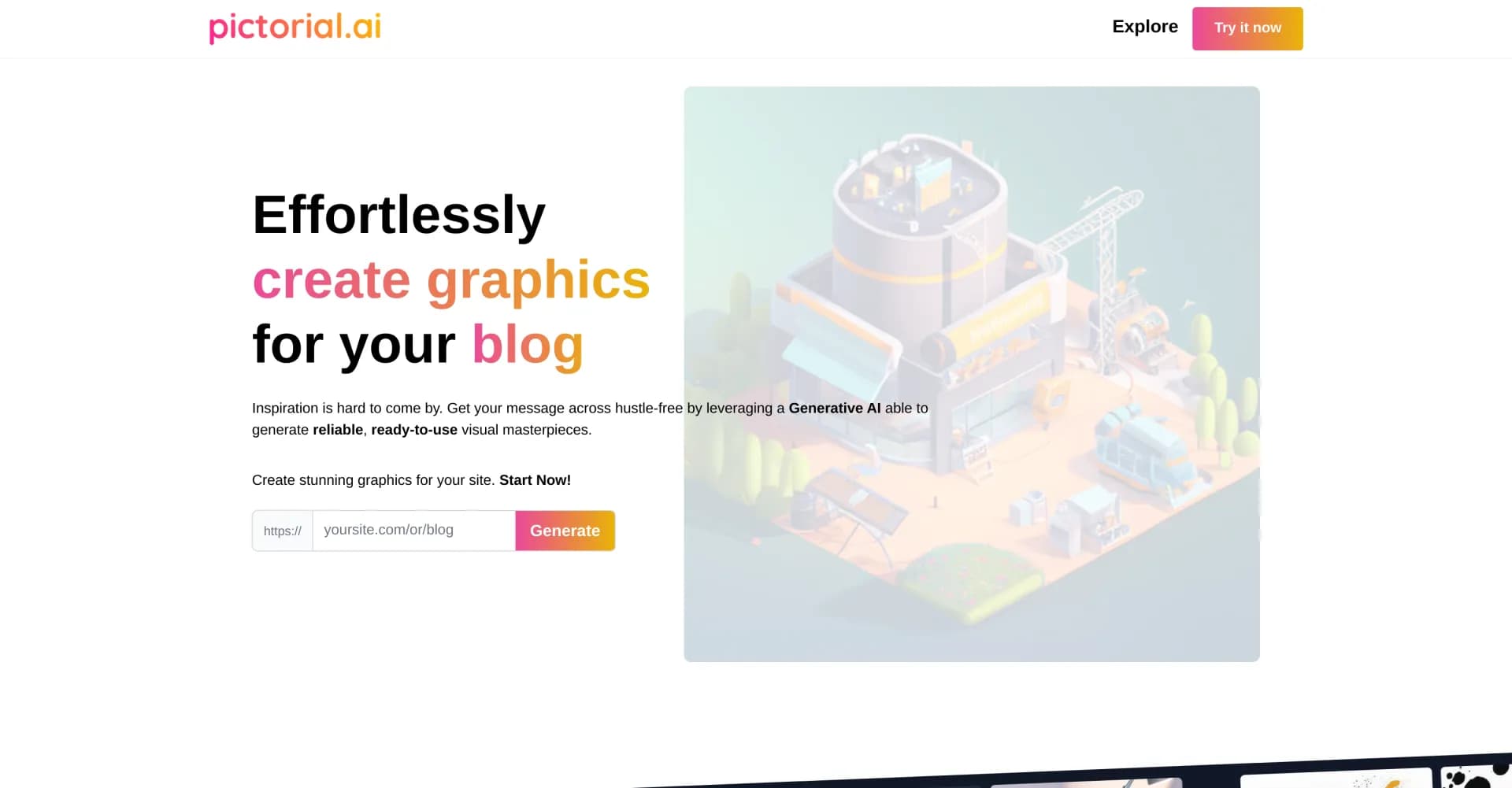 Pictorial homepage screenshot — AI-powered graphics for effortless web design.