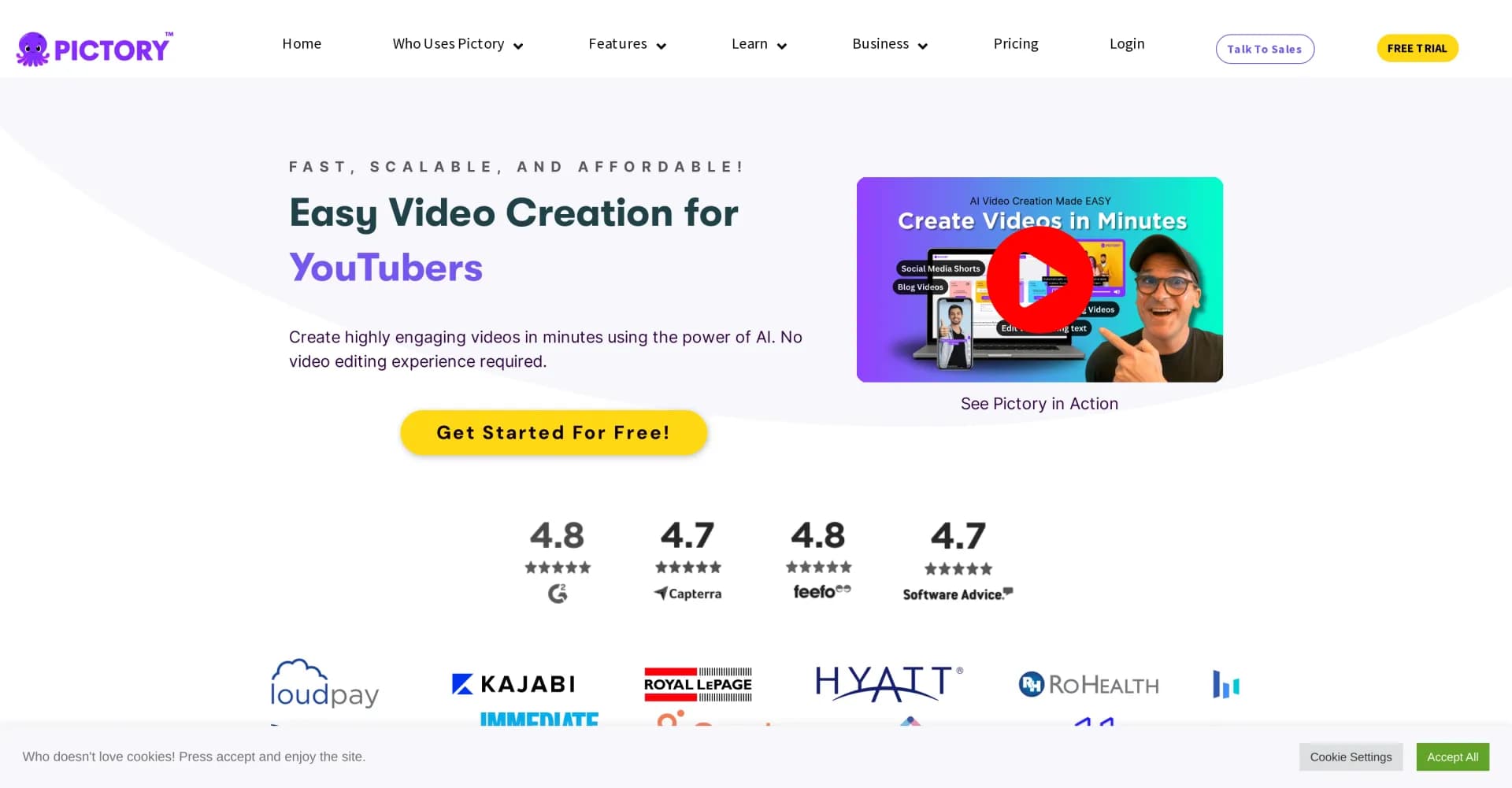 Pictory homepage screenshot — Create engaging videos from text in minutes