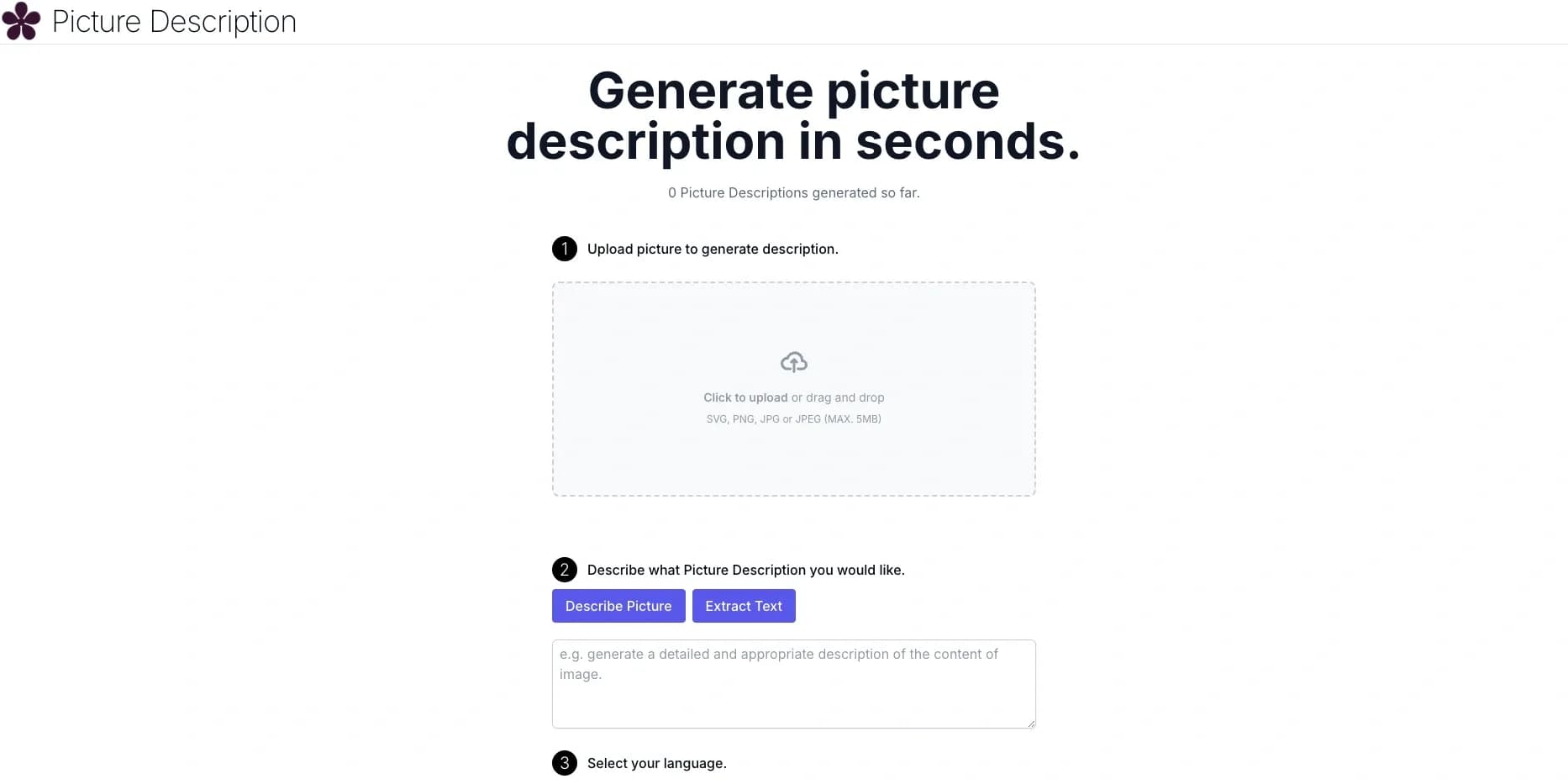 Picture Description homepage screenshot — Convert images to text with AI.