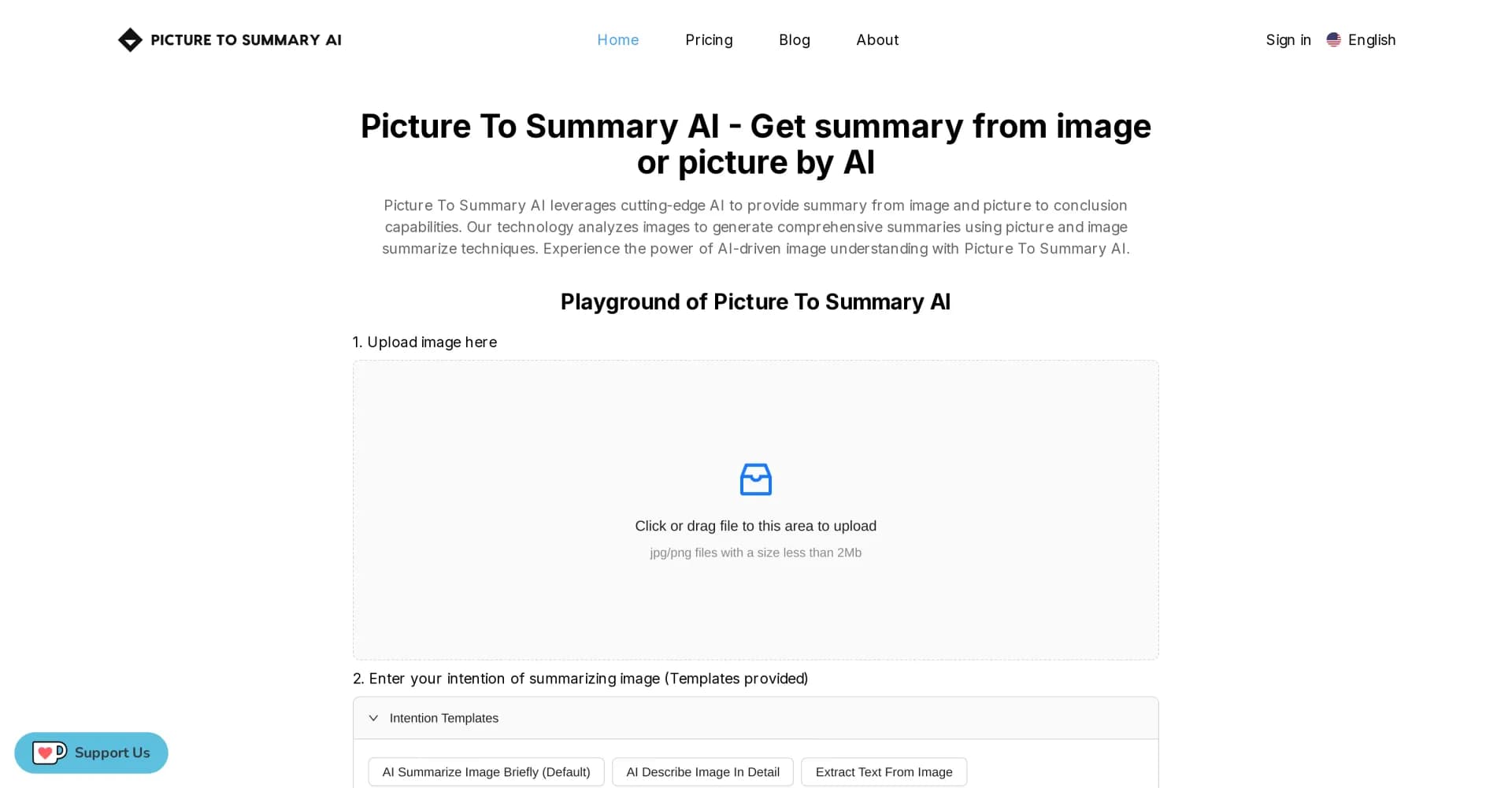 Picture To Summary AI homepage screenshot — Transform images into concise summaries with AI.