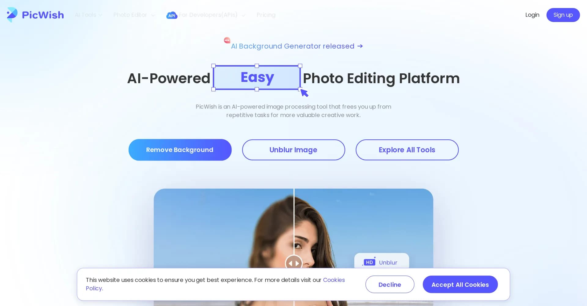 Picwish homepage screenshot — AI-powered photo editing made easy and free.
