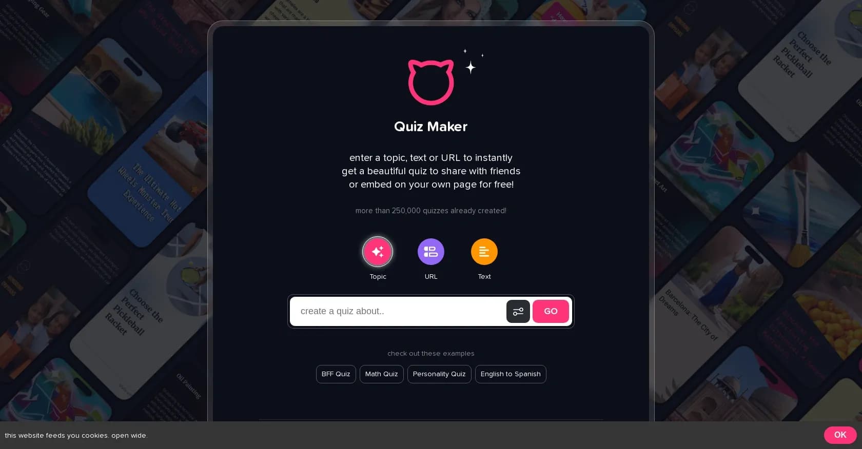 Piggy Quiz maker homepage screenshot — Instant quizzes from any topic or text.