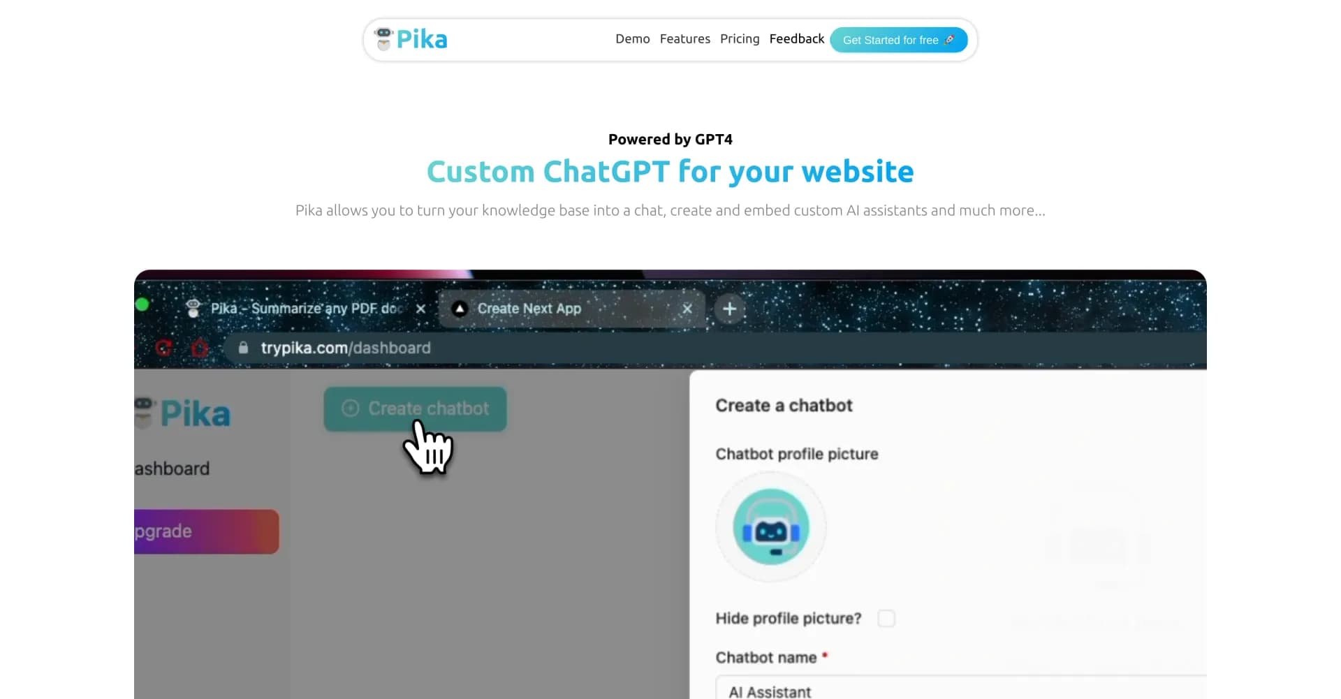 Pika homepage screenshot — Turn your knowledge base into a custom AI chatbot.