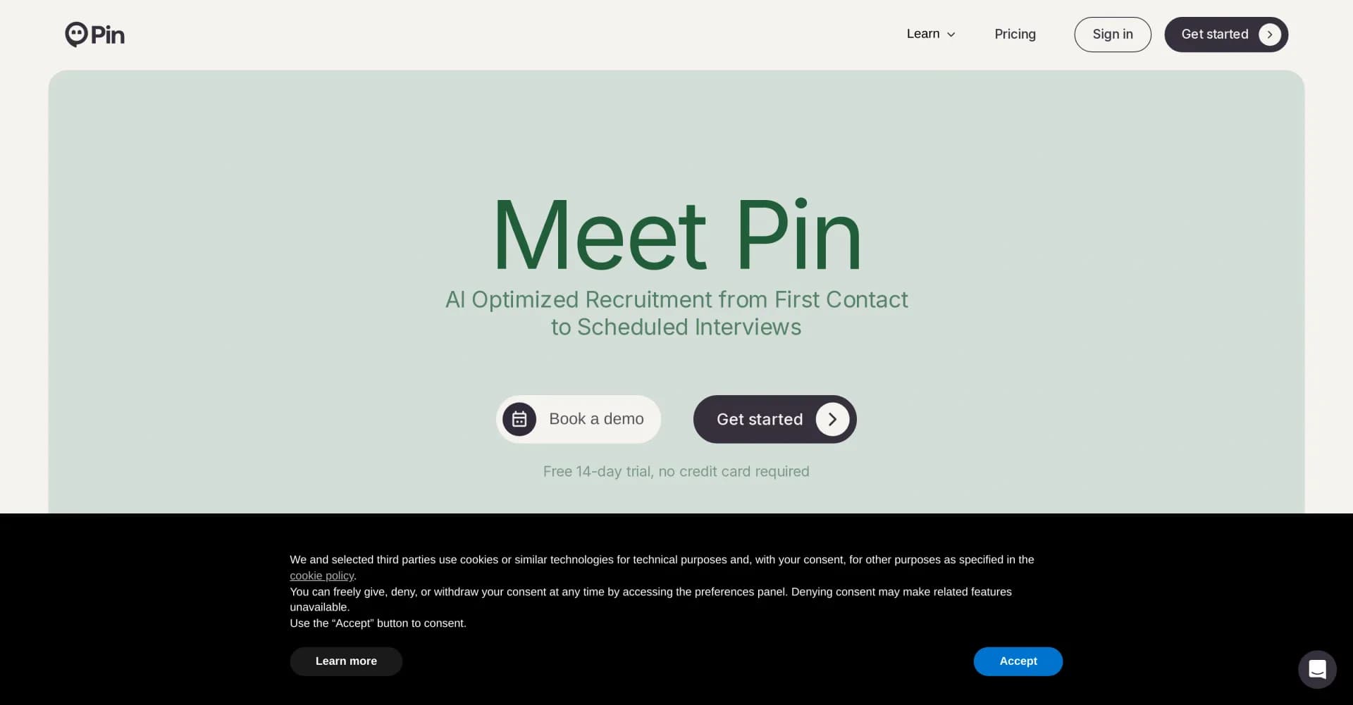 Pin homepage screenshot — AI-optimized recruitment from contact to interview