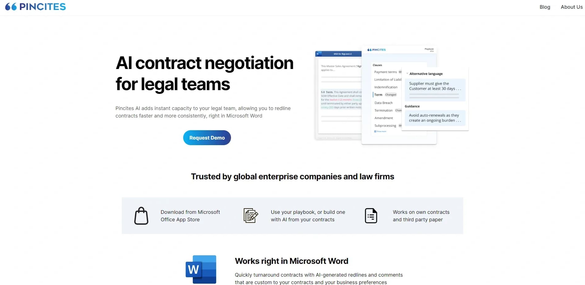 Pincites homepage screenshot — AI-powered contract negotiation in Microsoft Word