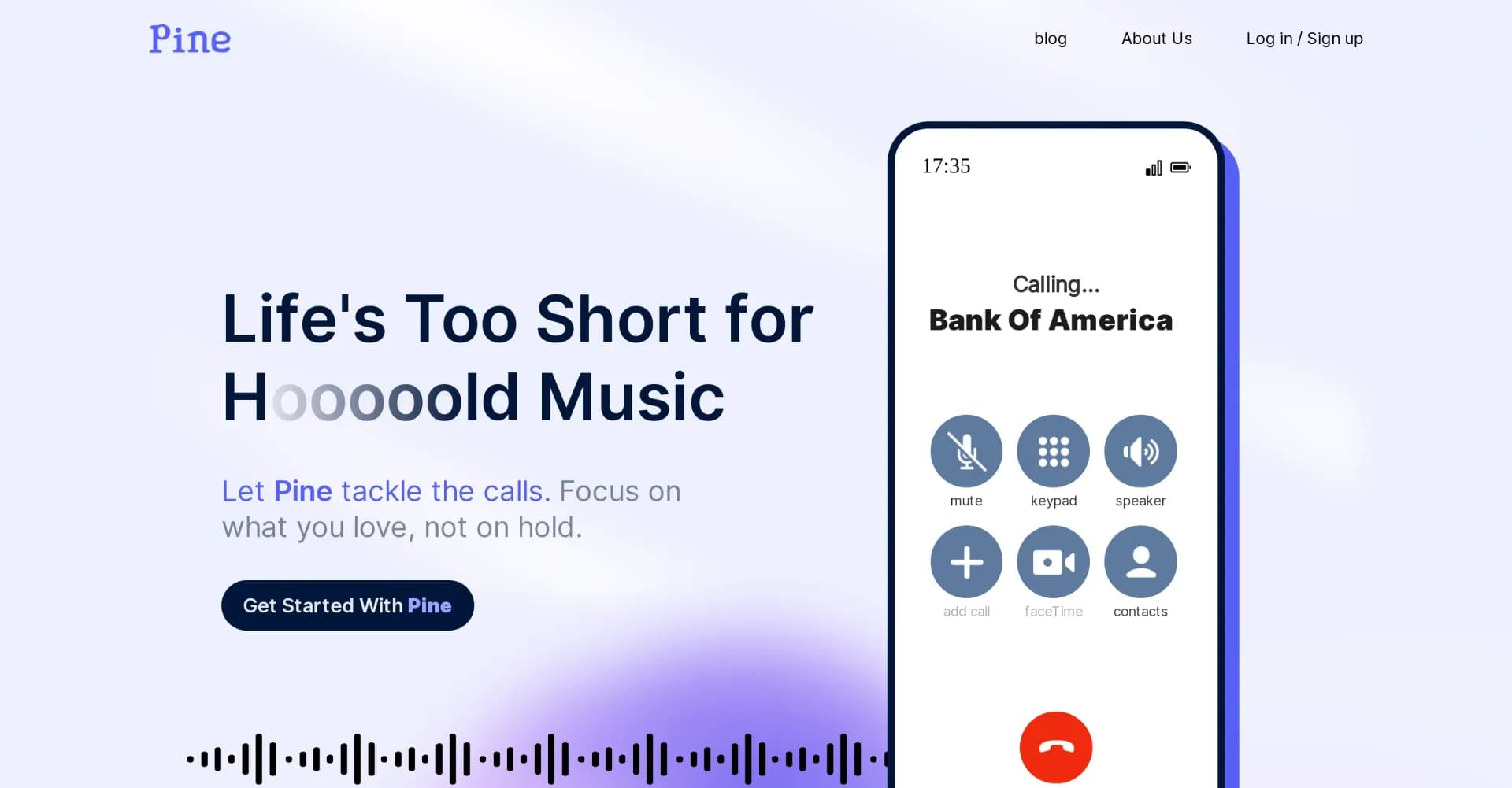 PineAi homepage screenshot — AI assistant for call tasks, saving you hold time.