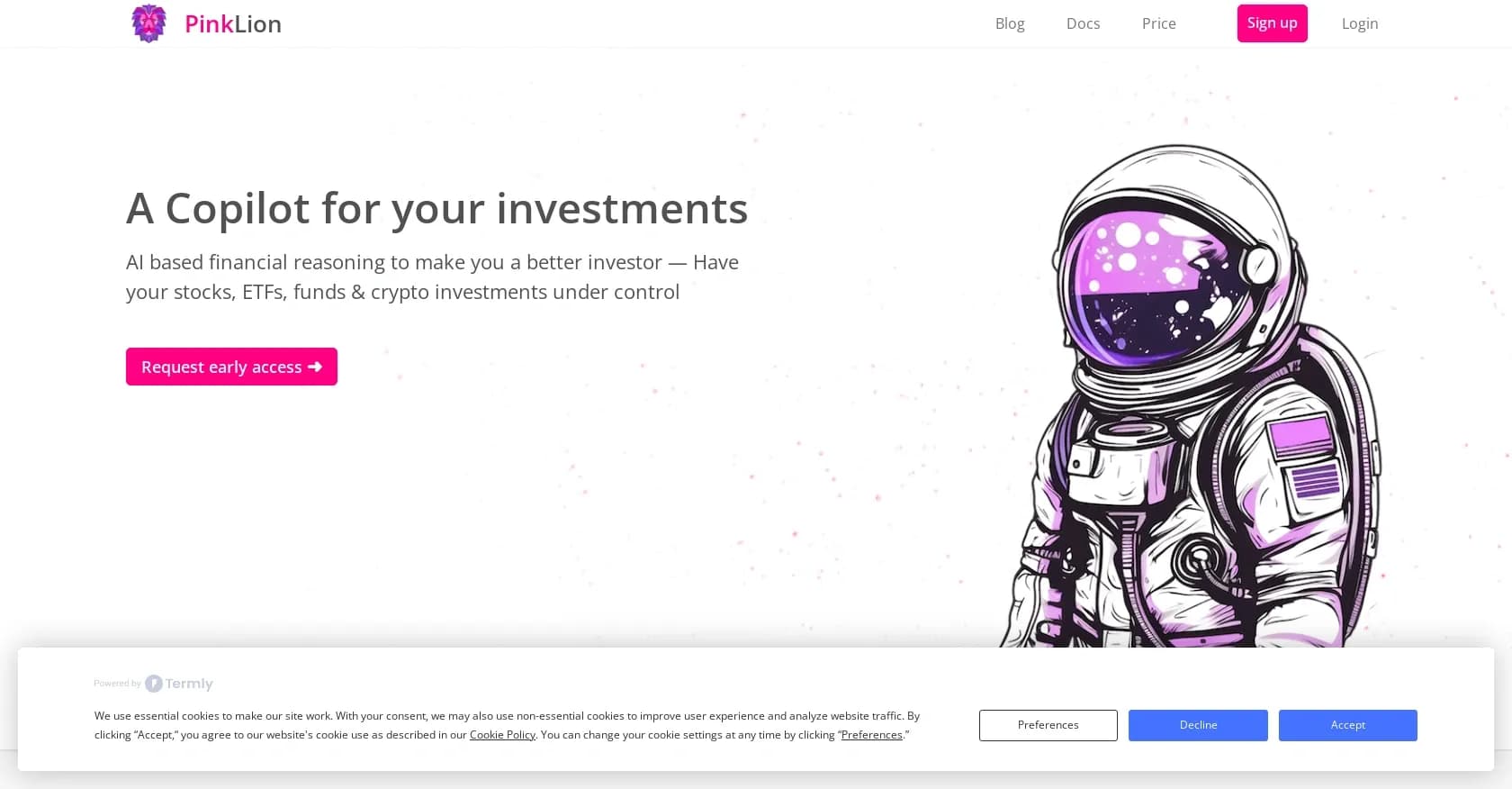 PinkLion homepage screenshot — AI-powered copilot for smarter investing