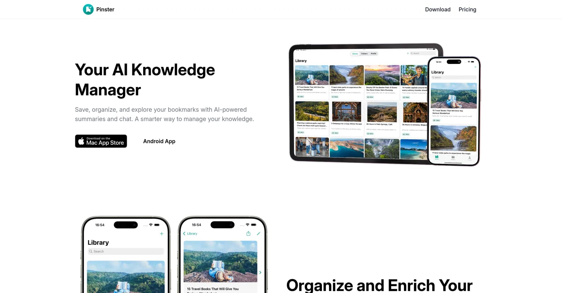 Pinster AI homepage screenshot — AI-powered bookmarks: save, organize, and explore.