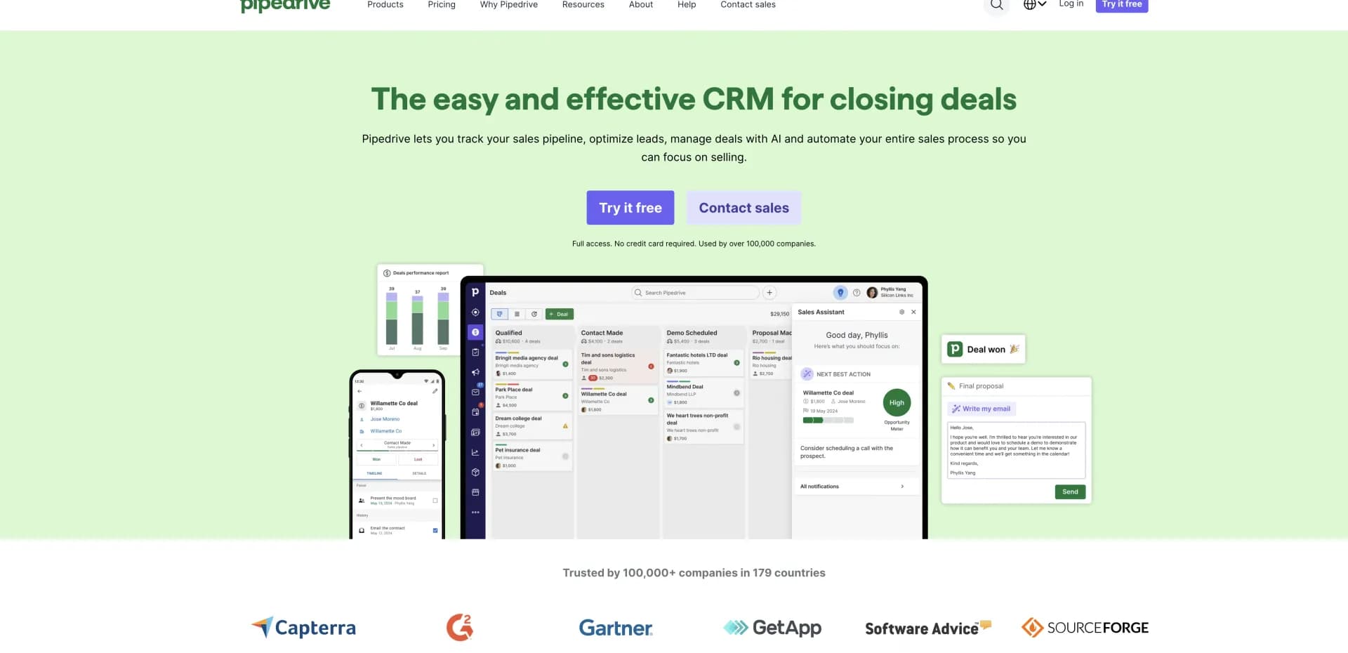 Pipedrive homepage screenshot — Simplify sales with the #1 user-rated CRM tool.