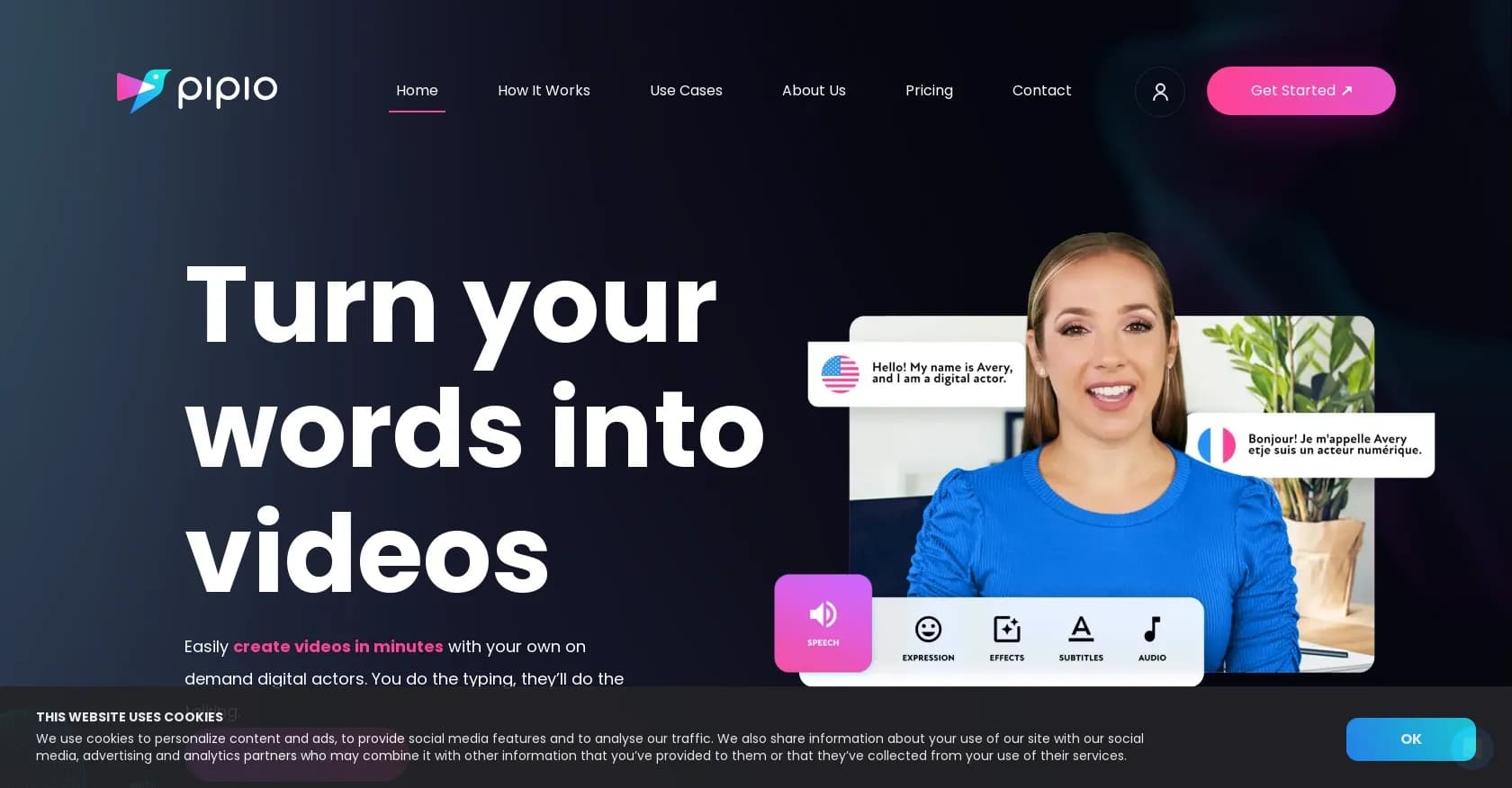 Pipio homepage screenshot — Create AI videos with digital actors in minutes.