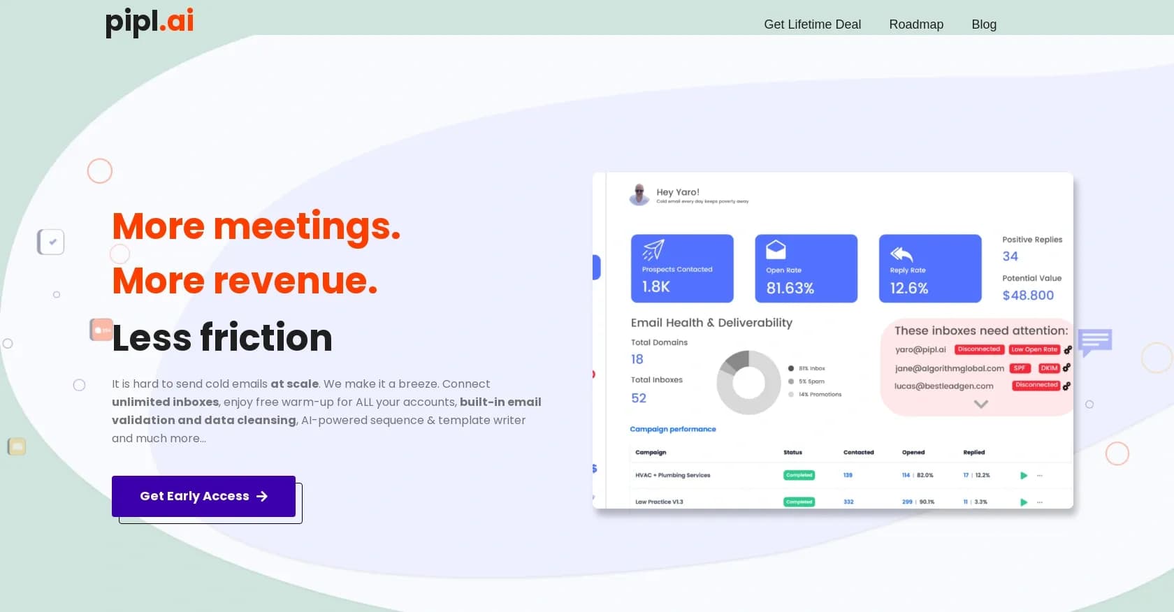 Pipl homepage screenshot — Master cold outreach with AI-powered email automation.