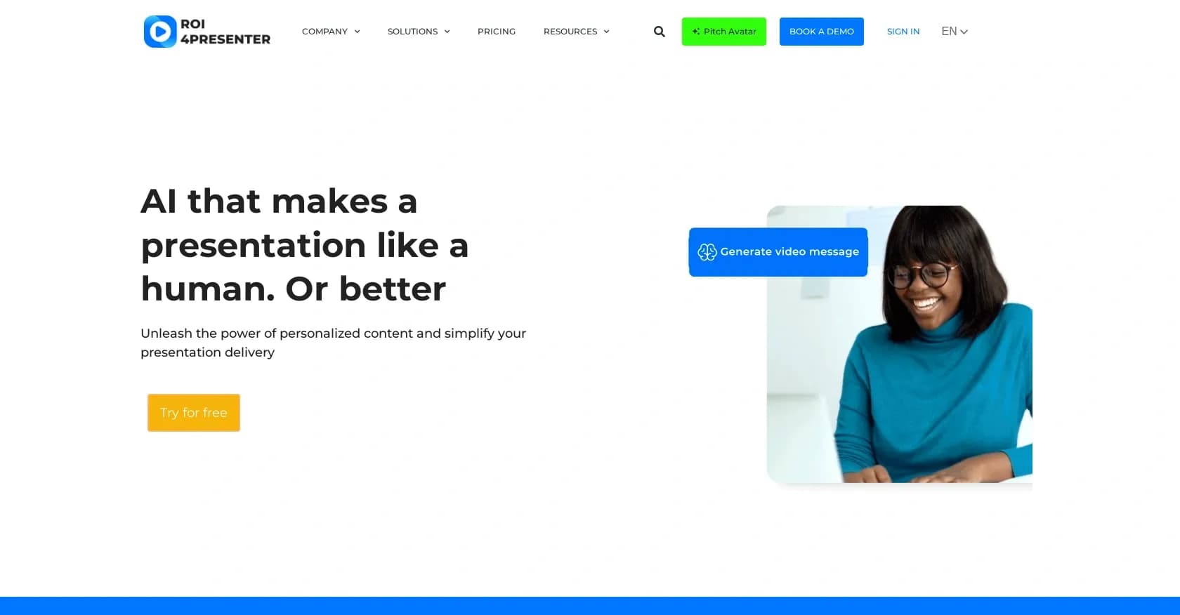 Pitch Avatar homepage screenshot — AI that presents like a human, but better.