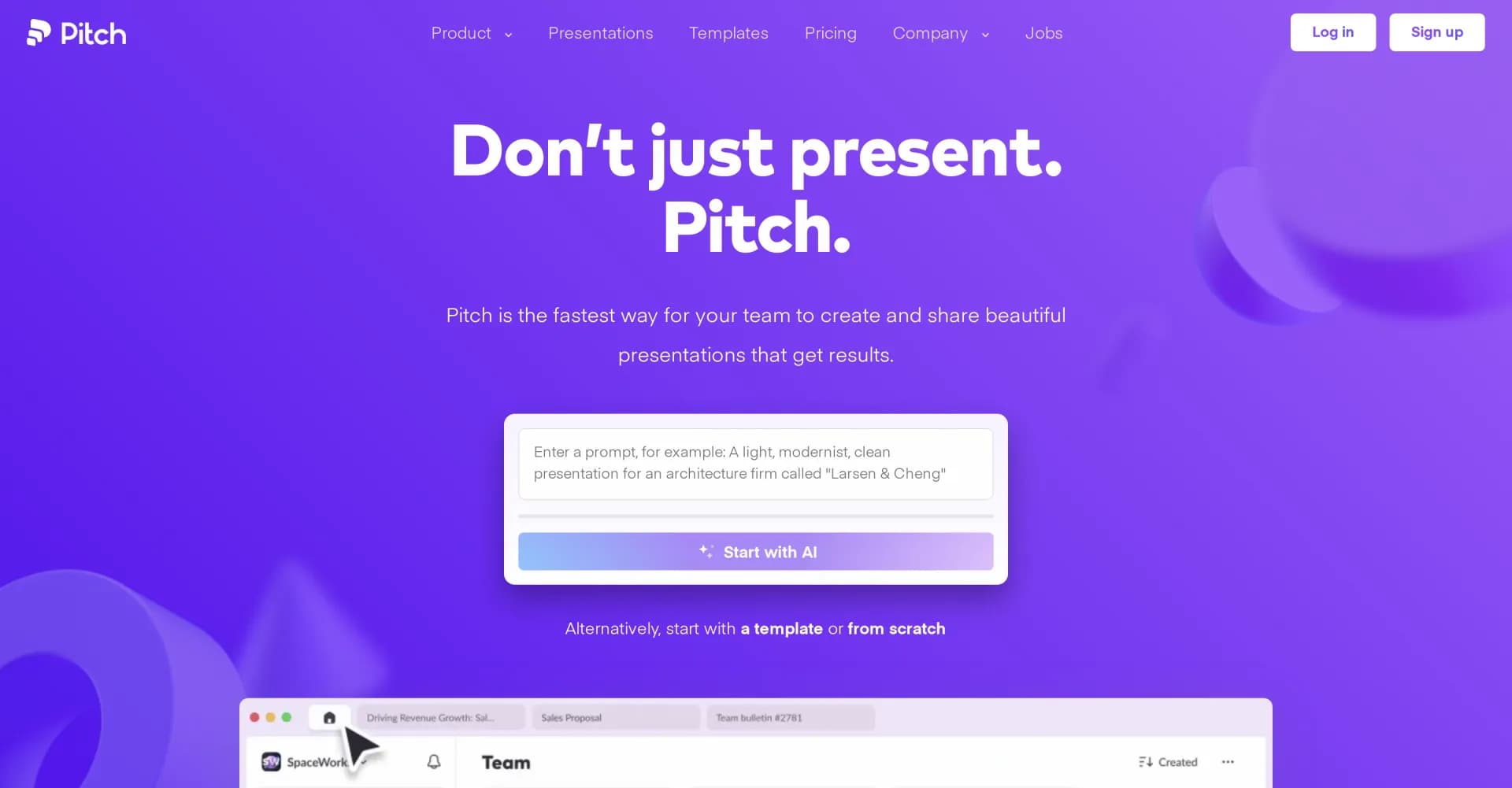Pitch.com homepage screenshot — Create sleek decks quickly for powerful results.