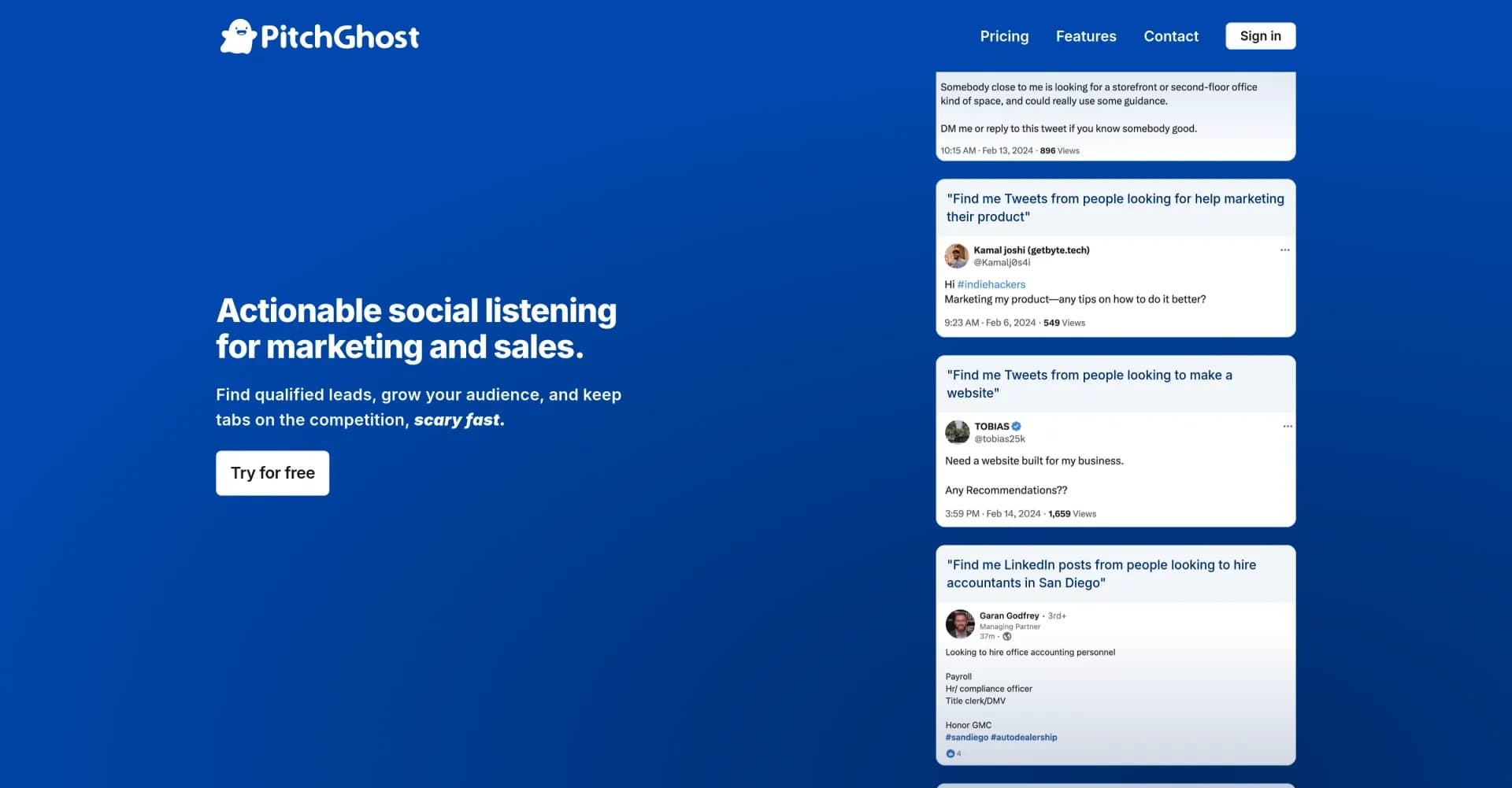 PitchGhost homepage screenshot — Find, engage, and close leads on social media, scary fast.