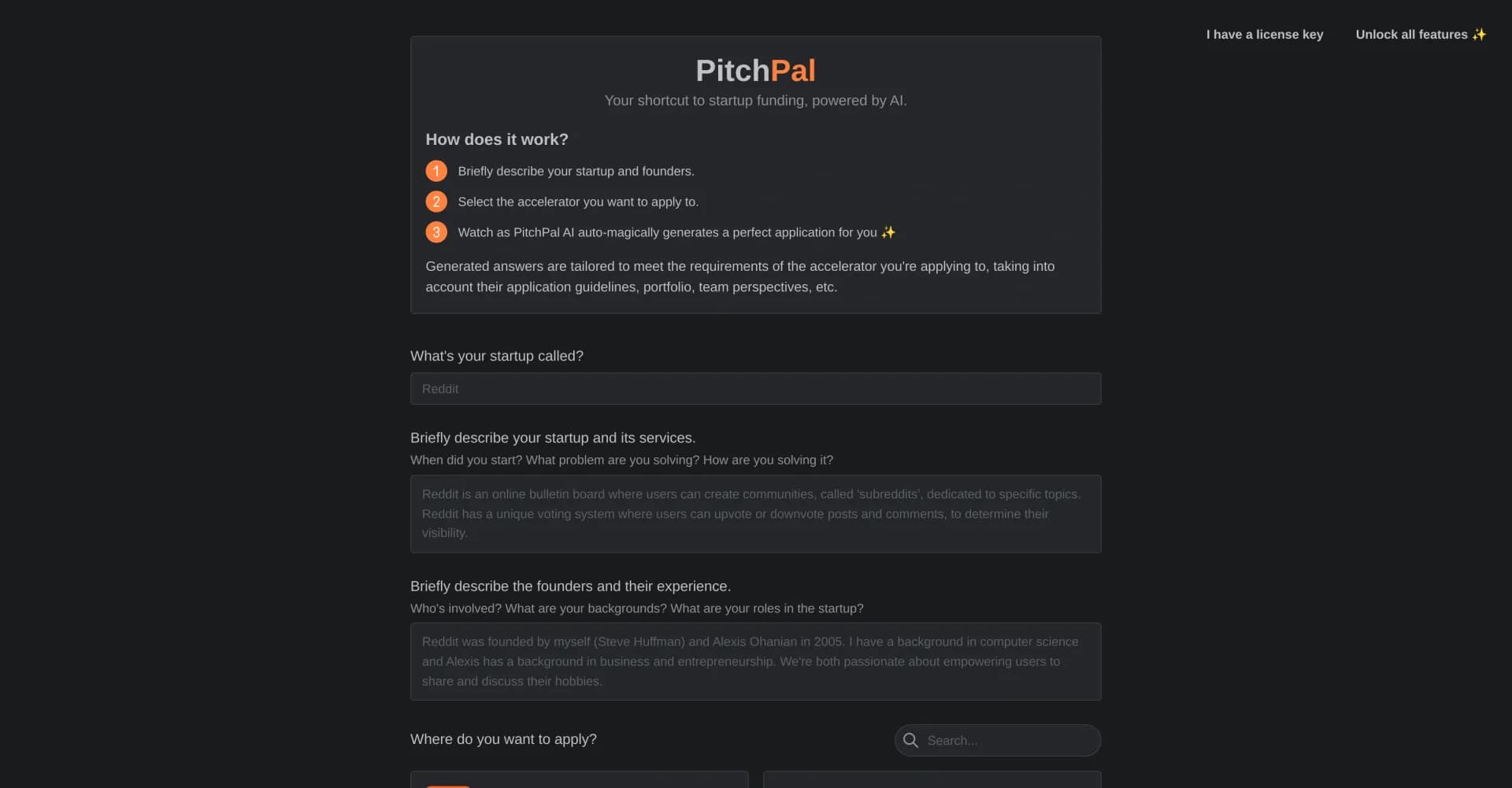 PitchPal homepage screenshot — AI-powered startup applications in seconds