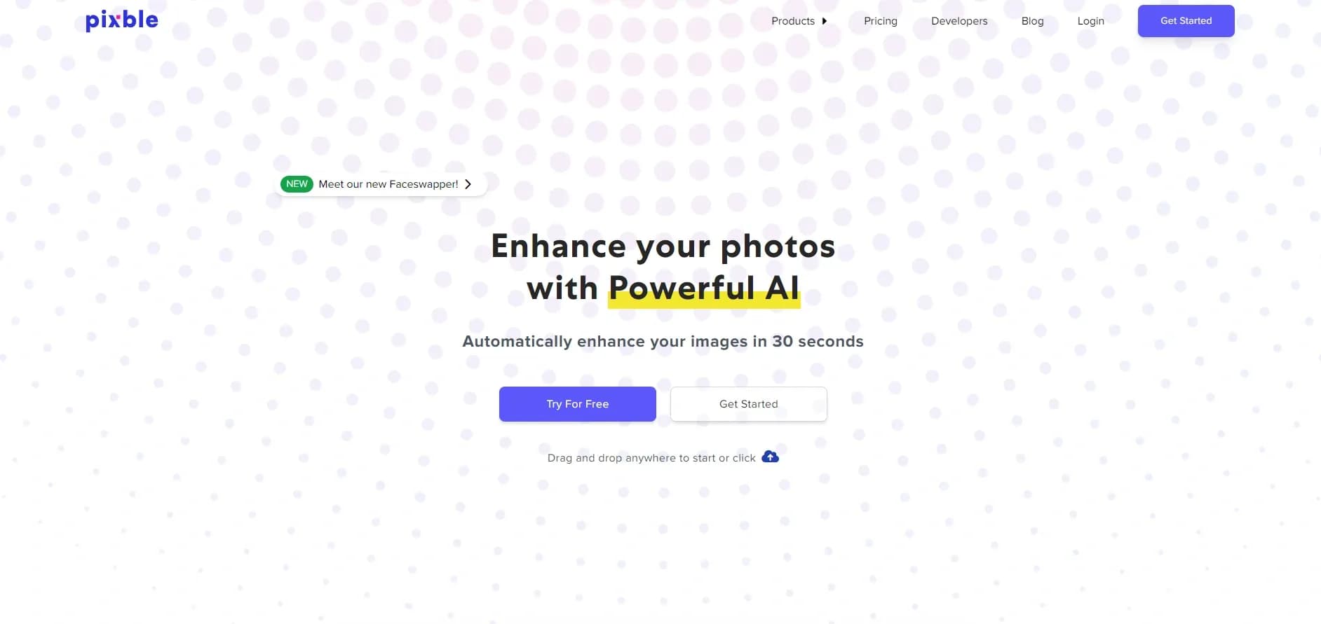 Pixble homepage screenshot — Enhance photos instantly with AI
