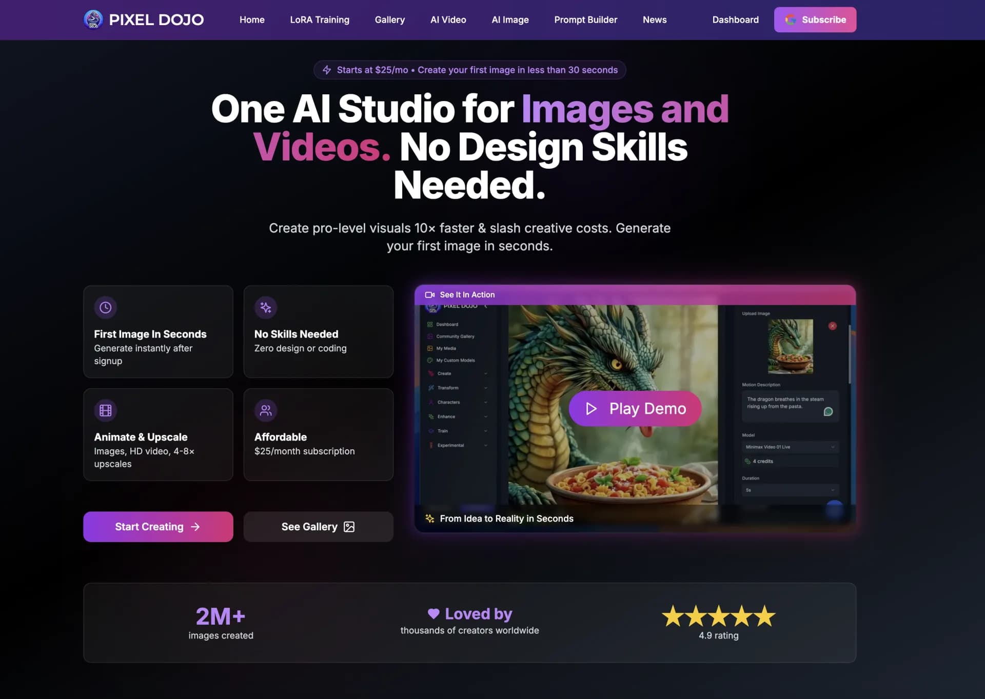 Pixel Dojo homepage screenshot — The ultimate AI playground for AI image and AI Video creatio