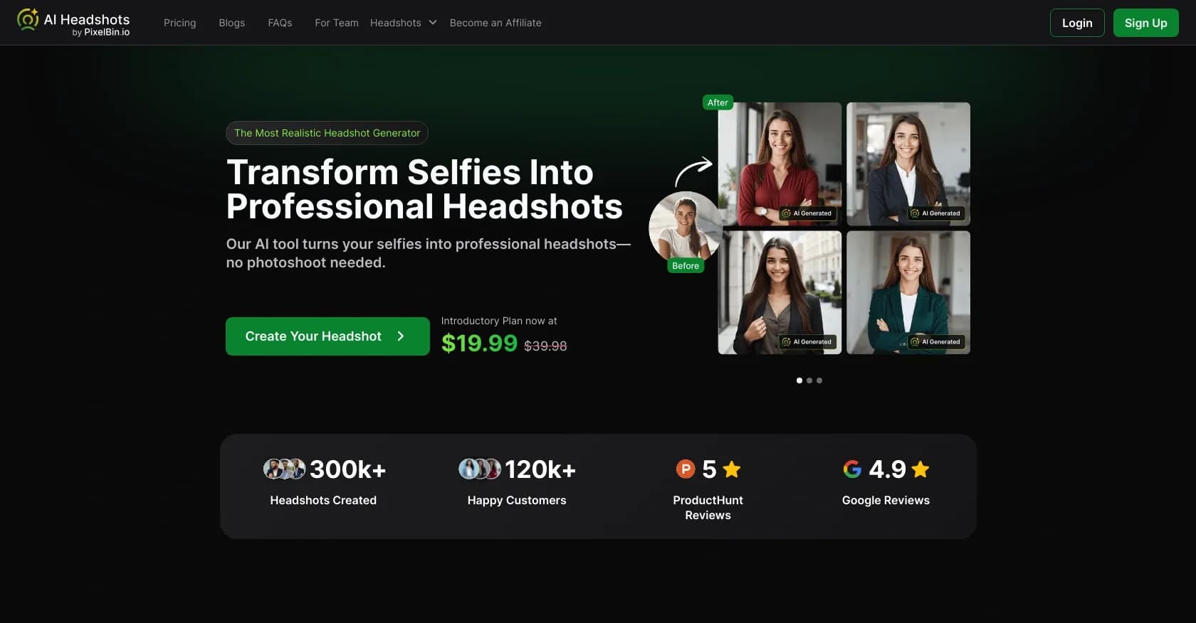 AI Headshots homepage screenshot — Transform selfies into professional headshots instantly.