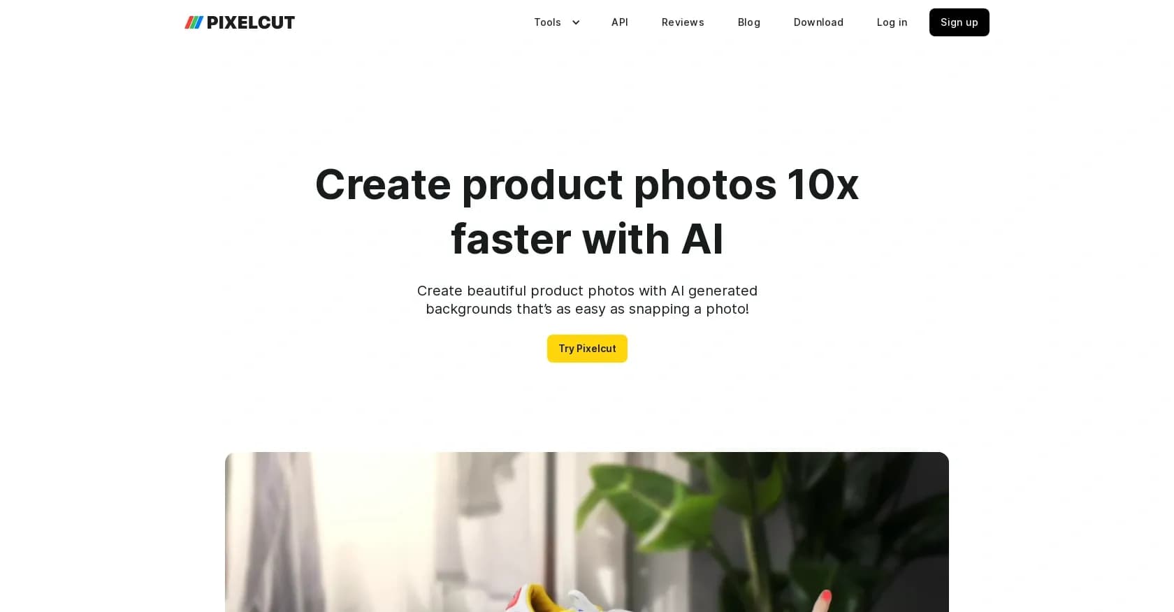 Pixelcut homepage screenshot — AI-powered product photos and designs in seconds