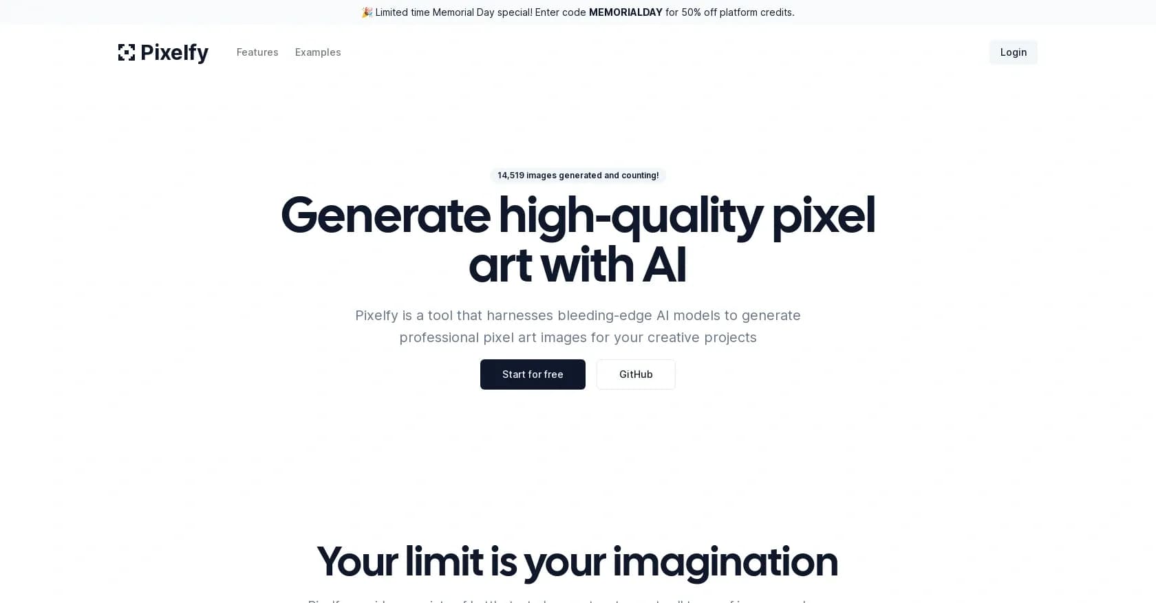 Pixelfy homepage screenshot — Generate stunning pixel art with AI