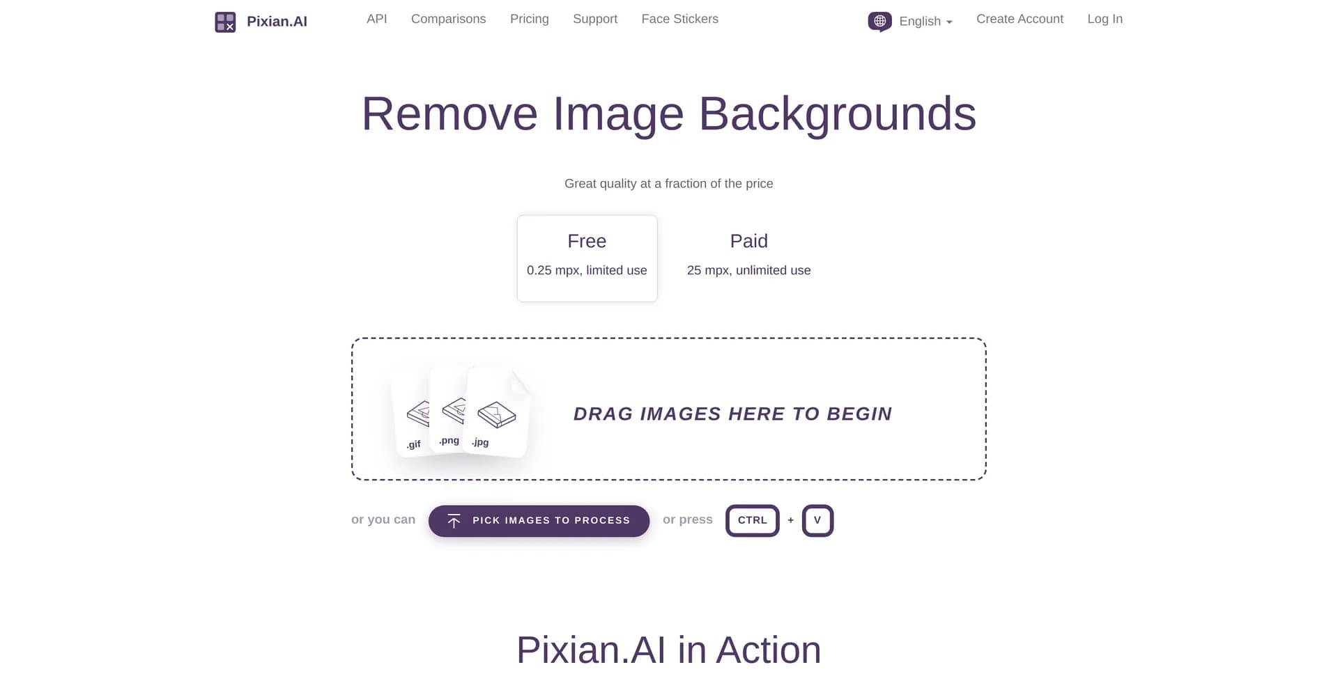 Pixian.AI homepage screenshot — Remove image backgrounds instantly, no signup required.