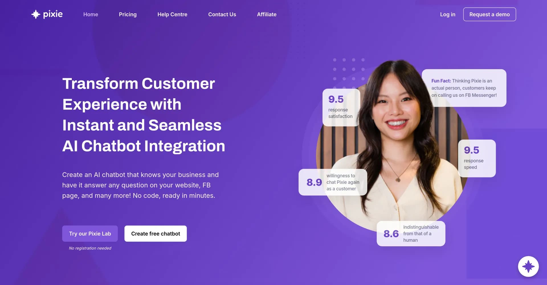 Pixie homepage screenshot — Create an AI chatbot that knows your business