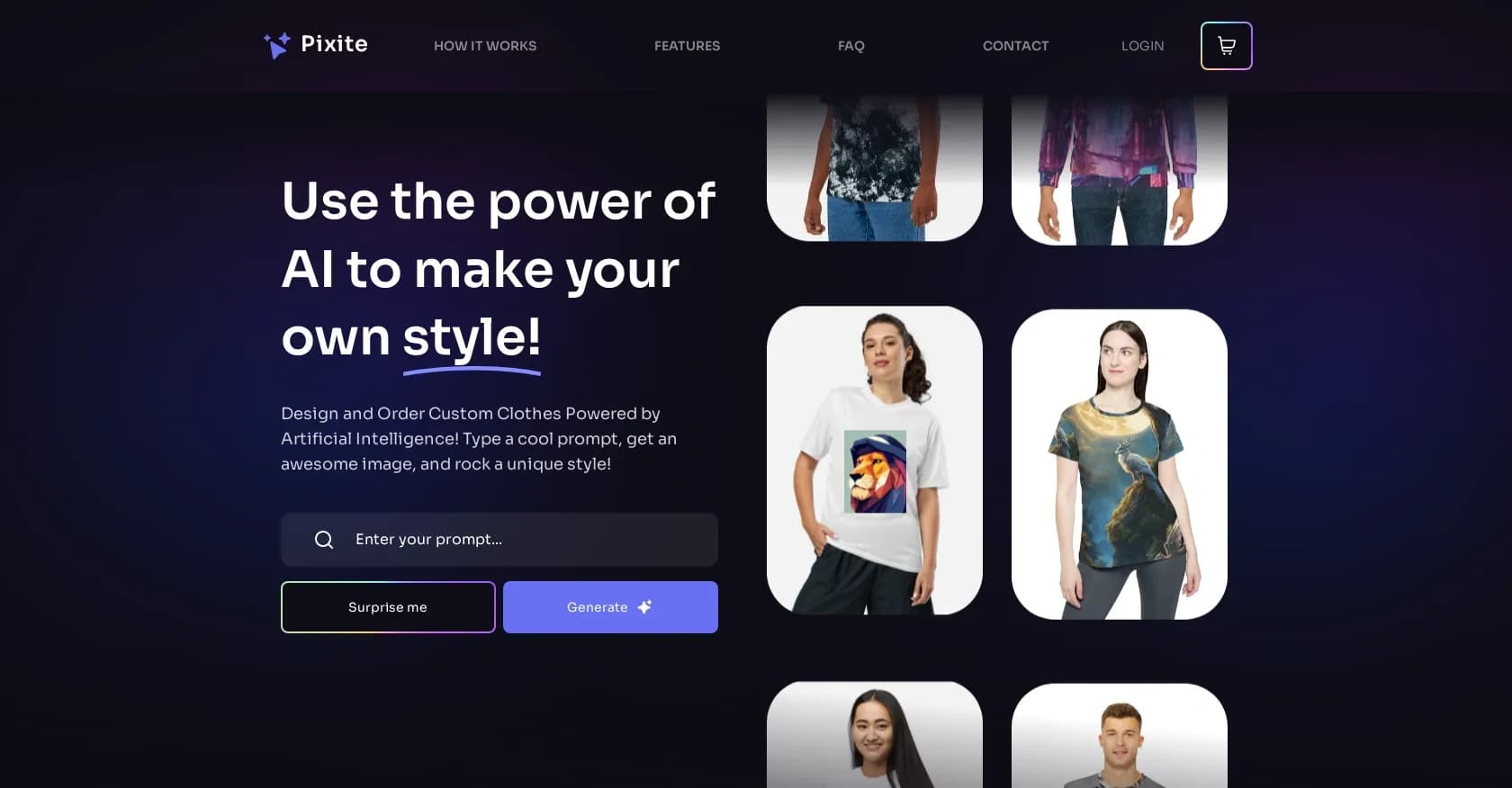 Pixite homepage screenshot — Design custom AI-generated clothing styles effortlessly.