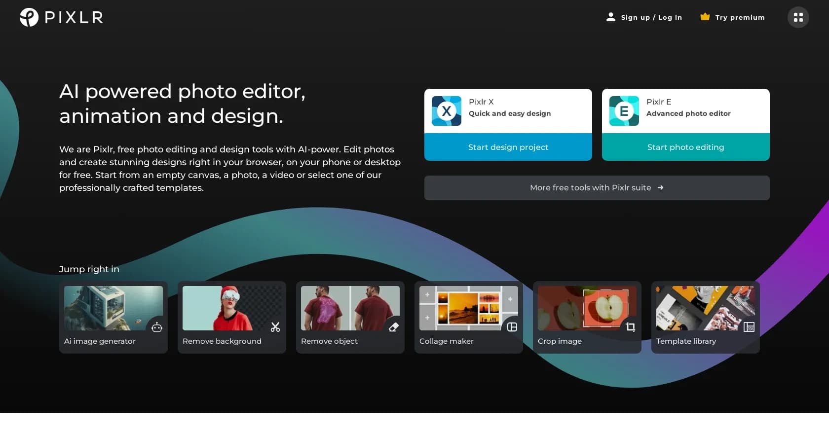 Pixlr homepage screenshot — Free online photo editor with powerful design tools