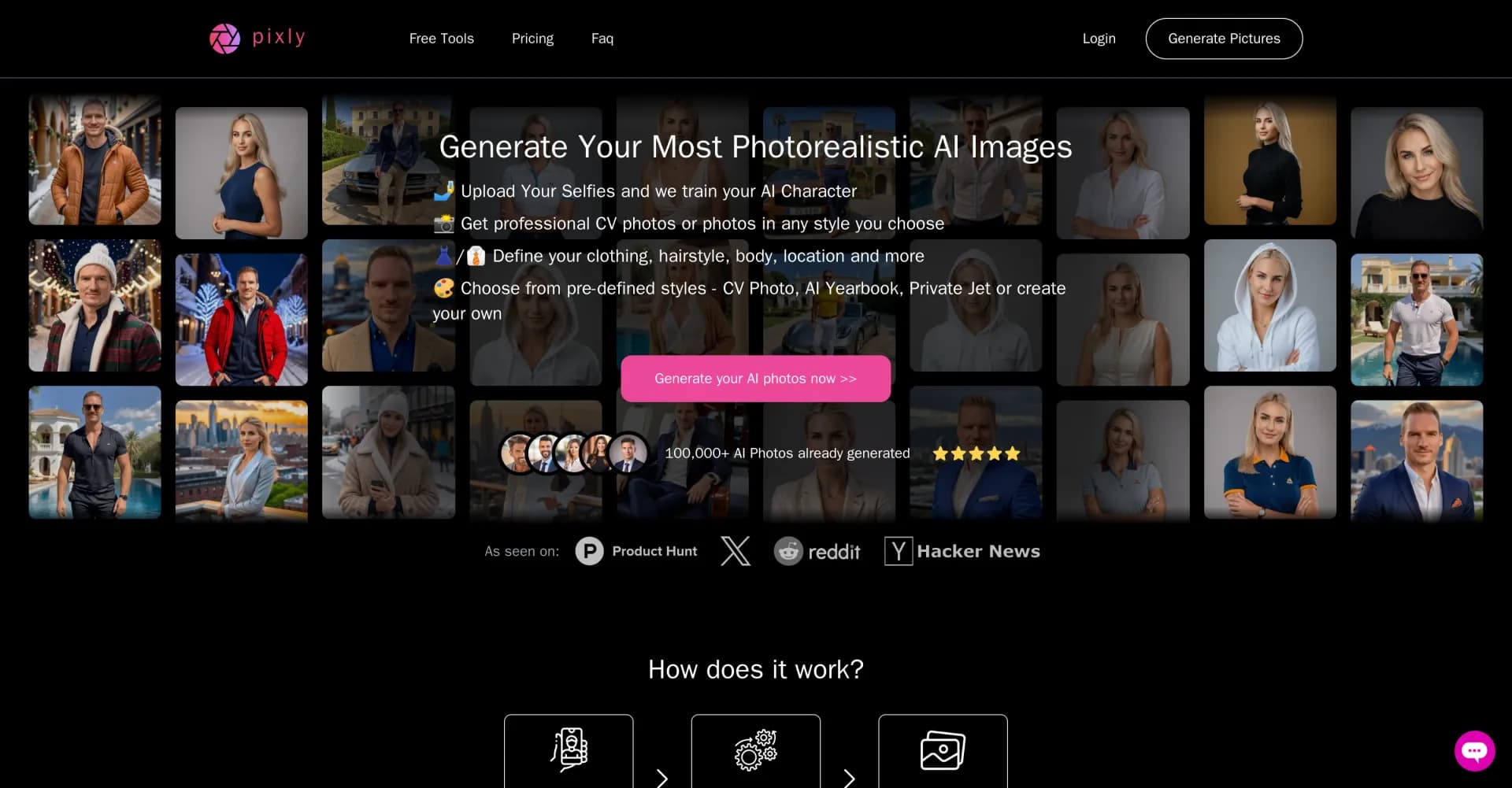 Pixly.app homepage screenshot — Create professional AI photos from your selfies.
