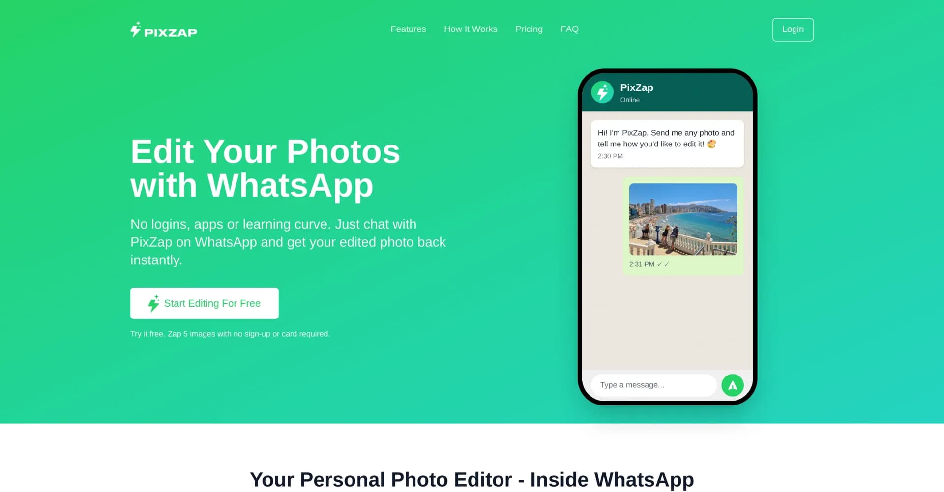 PixZap homepage screenshot — Edit photos through WhatsApp chat instantly.