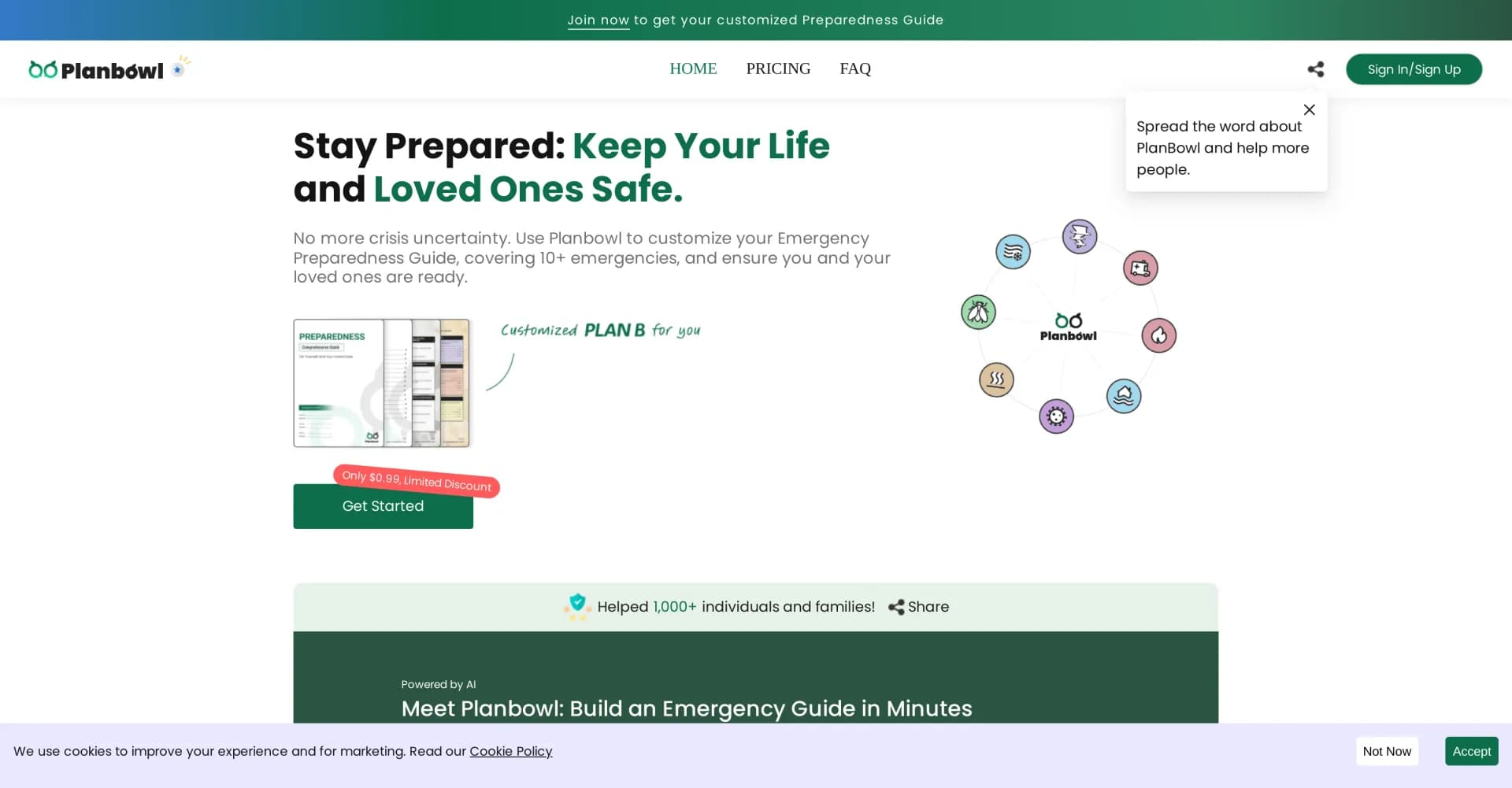 PlanBowl homepage screenshot — Customize emergency plans to keep loved ones safe.