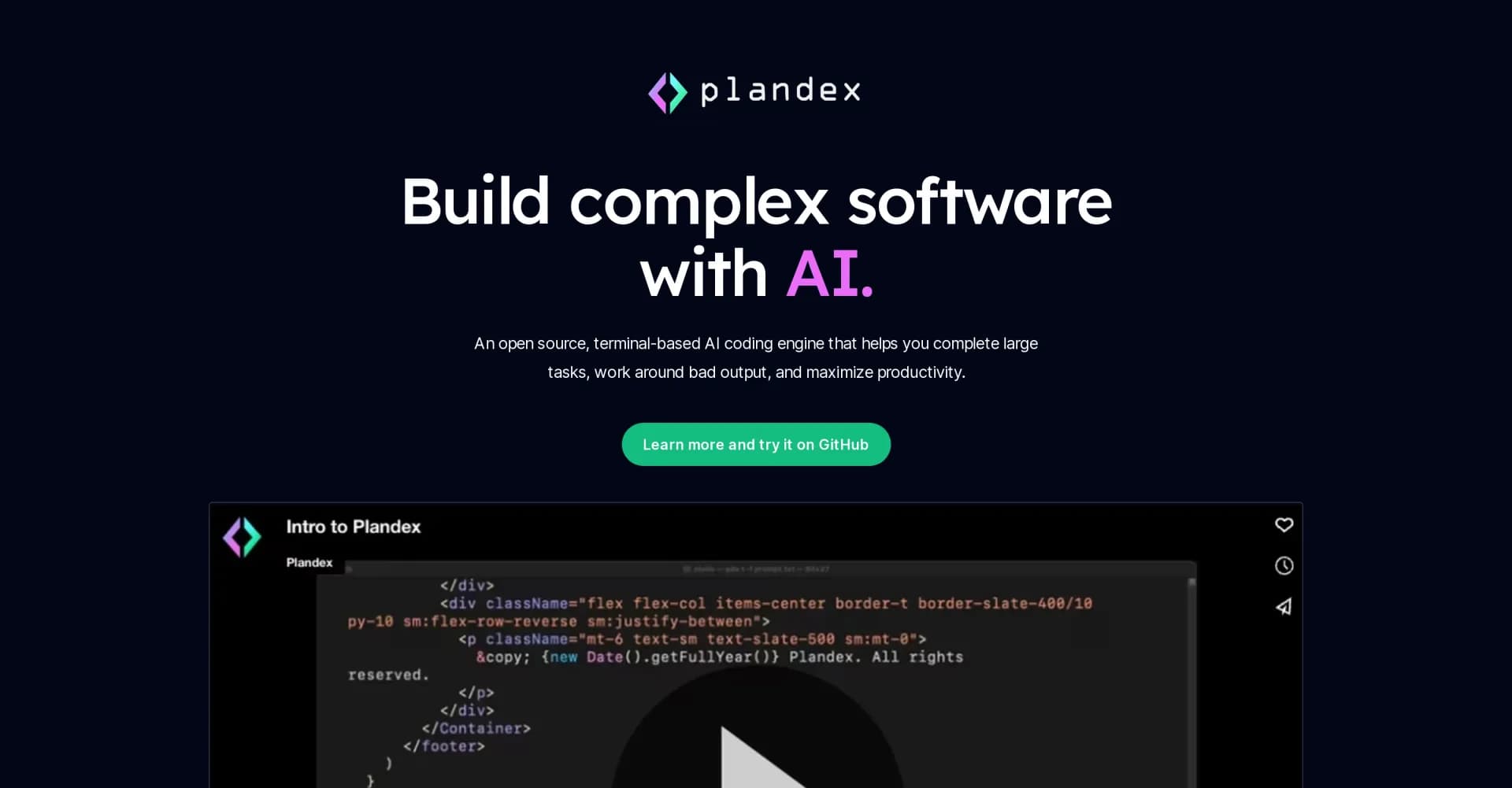 Plandex homepage screenshot — AI engine for complex coding tasks