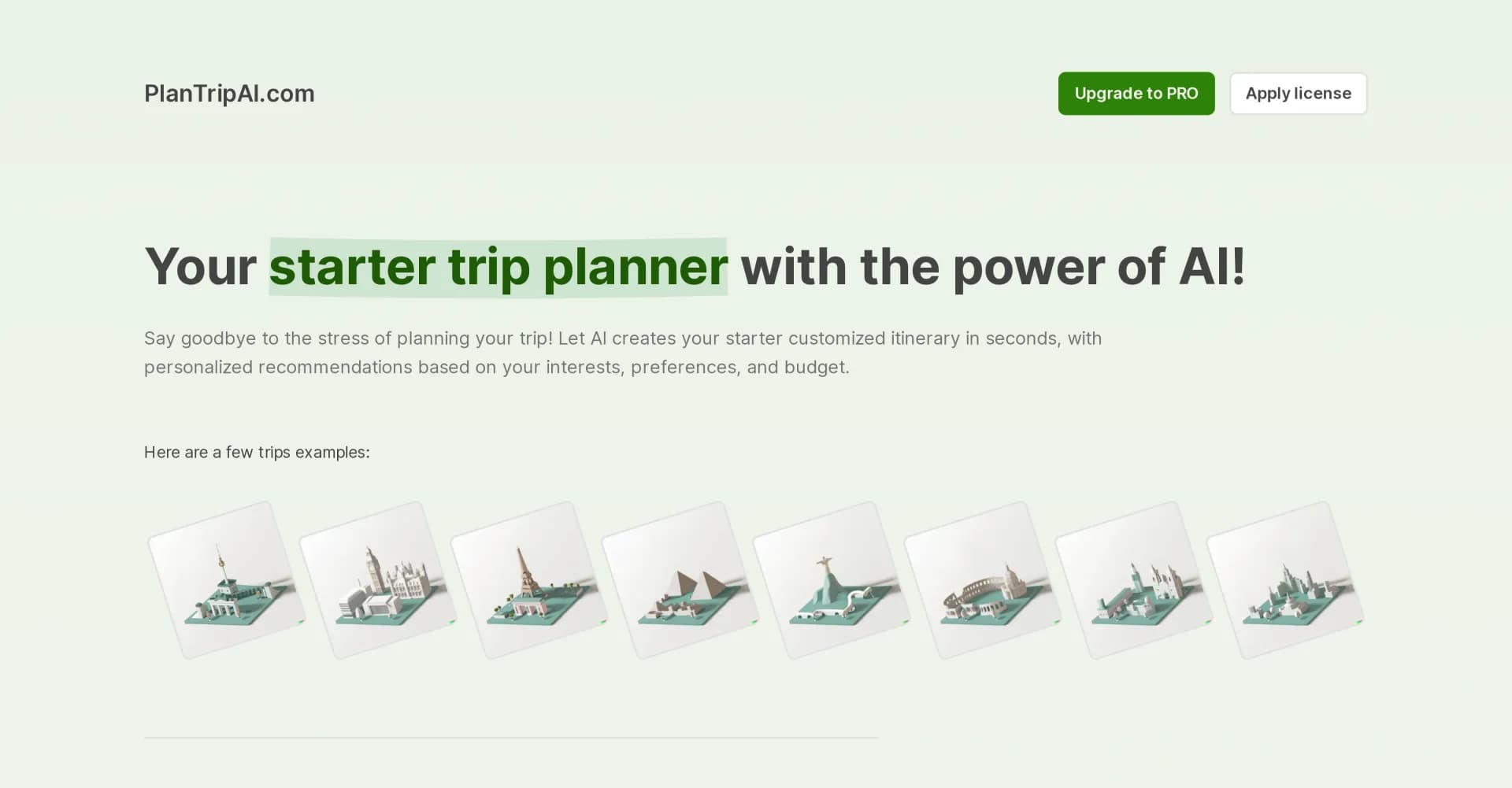 PlanTripAI homepage screenshot — AI creates personalized travel itineraries in seconds.