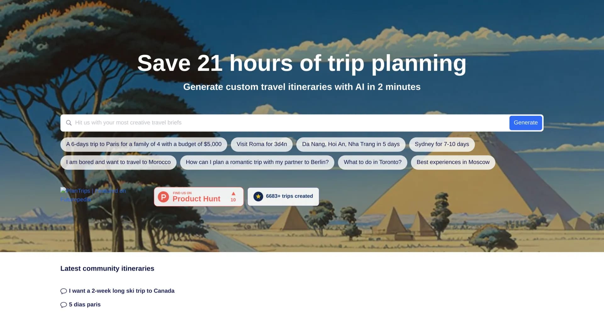 Plantrips homepage screenshot — AI-powered travel planner: Dream trips in minutes.
