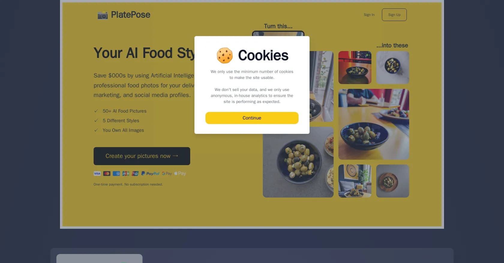 PlatePose homepage screenshot — Your AI food stylist for pro food photos