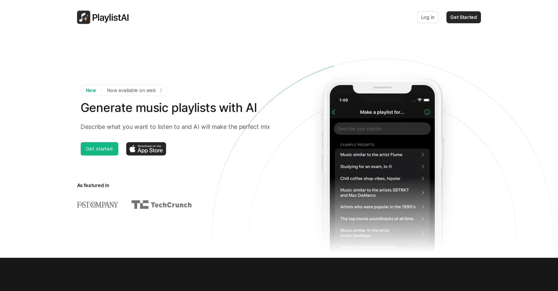 PlaylistAI homepage screenshot — Generate perfect playlists with AI