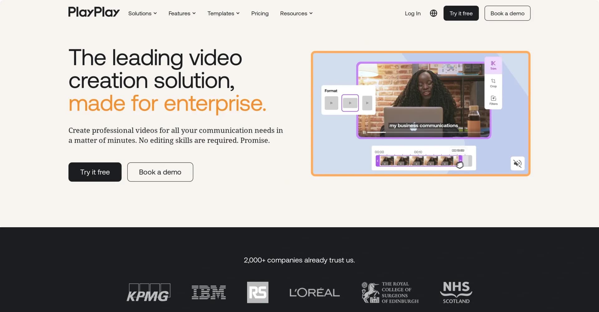 PlayPlay homepage screenshot — Create professional videos in minutes, no skills required.