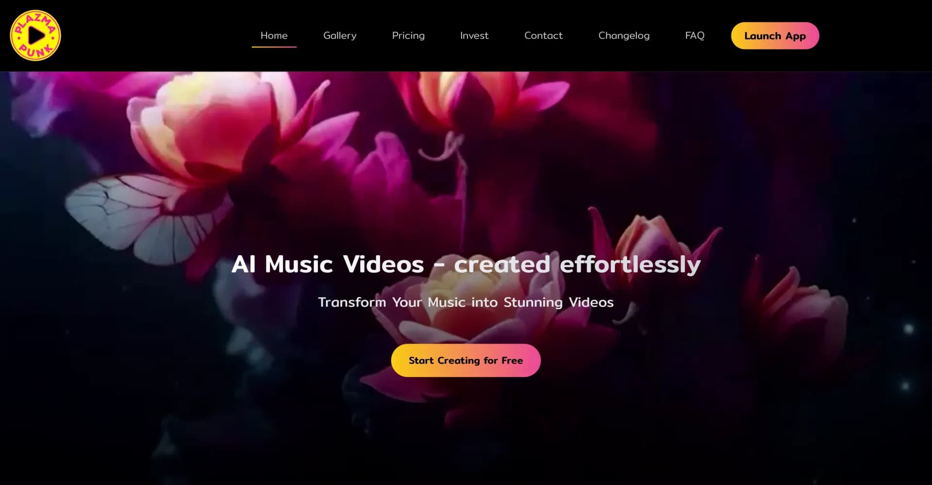 Plazmapunk homepage screenshot — Turn Your Music into Stunning AI-Generated Videos in Minutes