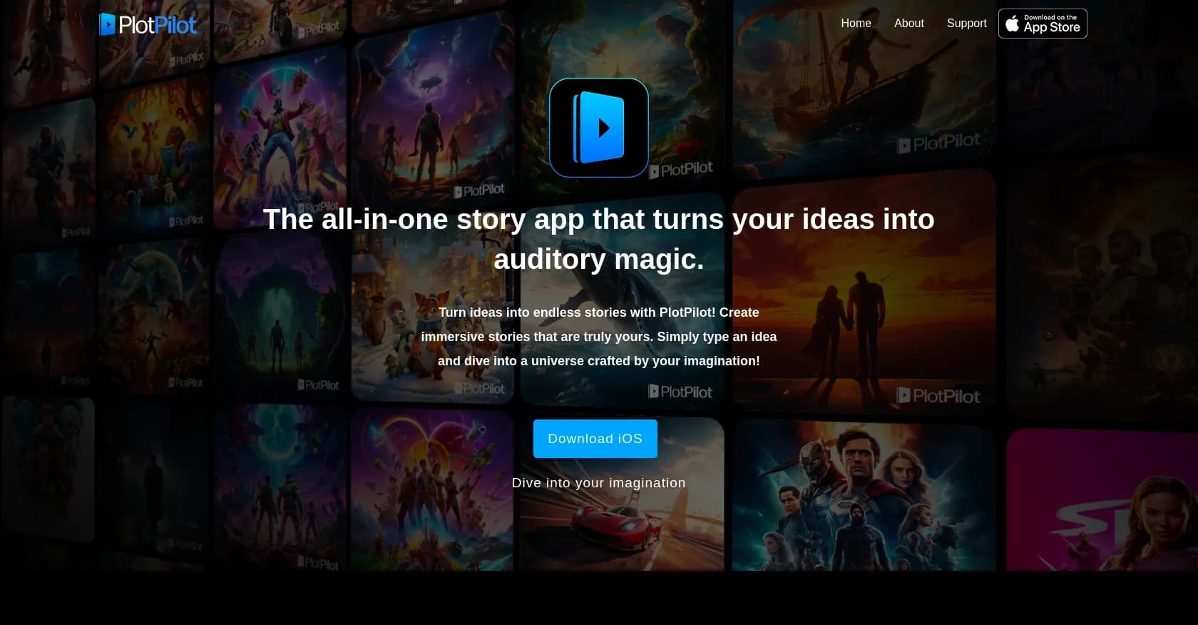 PlotPilot homepage screenshot — Turn ideas into immersive audiobooks.