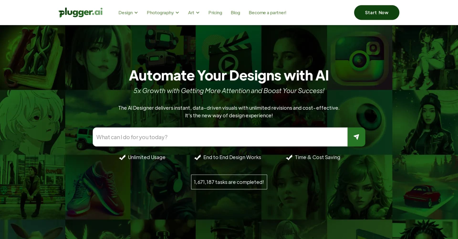Plugger homepage screenshot — AI assistant for creative photo, video, and sound tasks.
