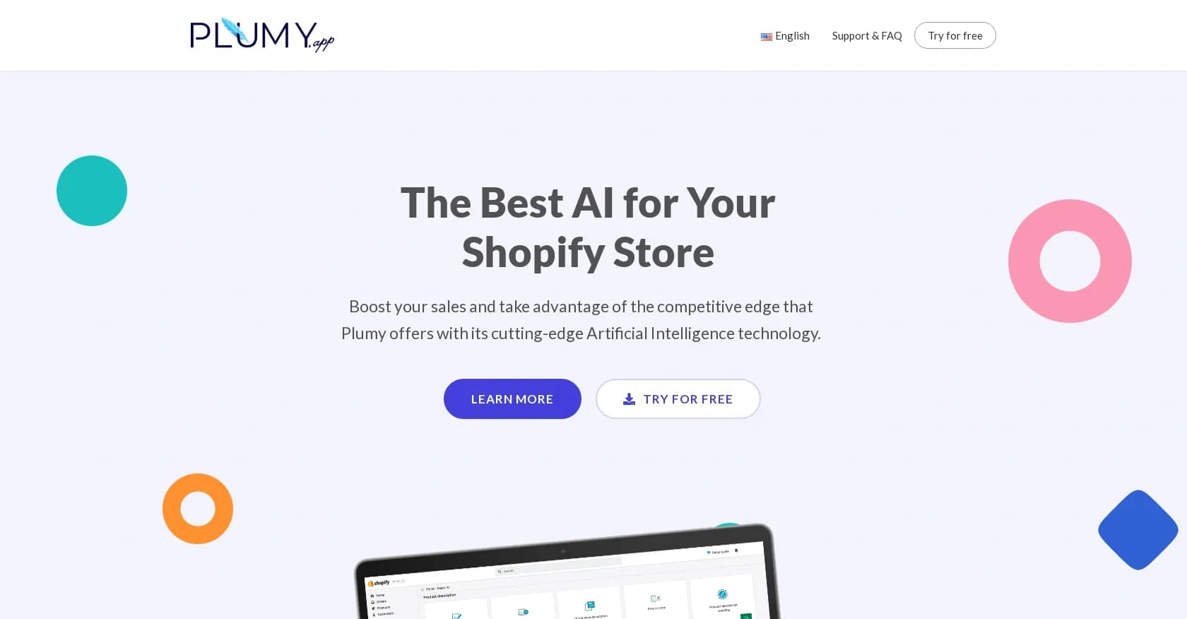 Plumy homepage screenshot — AI-powered content tools for Shopify stores