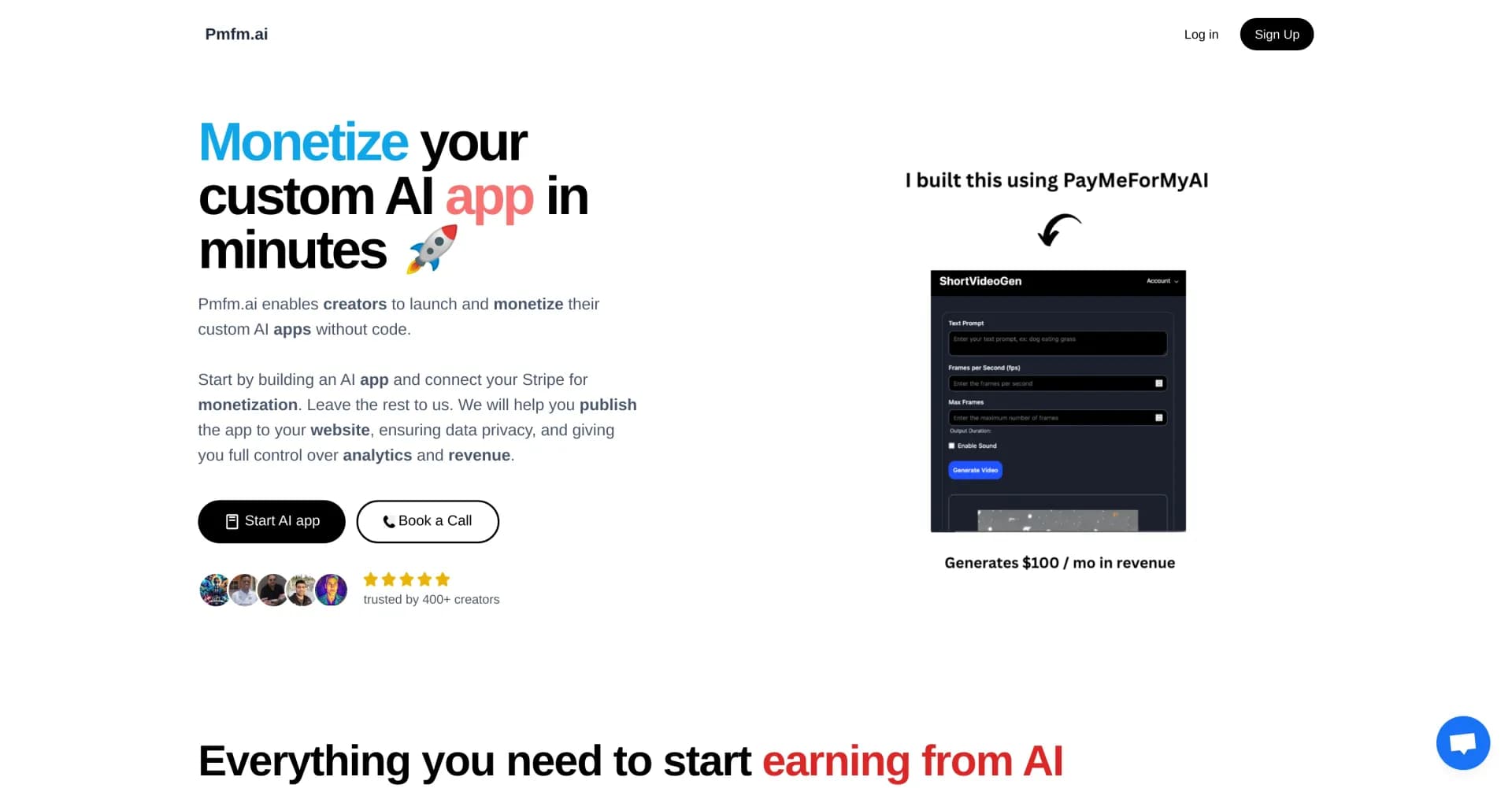 Pmfm homepage screenshot — Launch and monetize custom AI apps without code