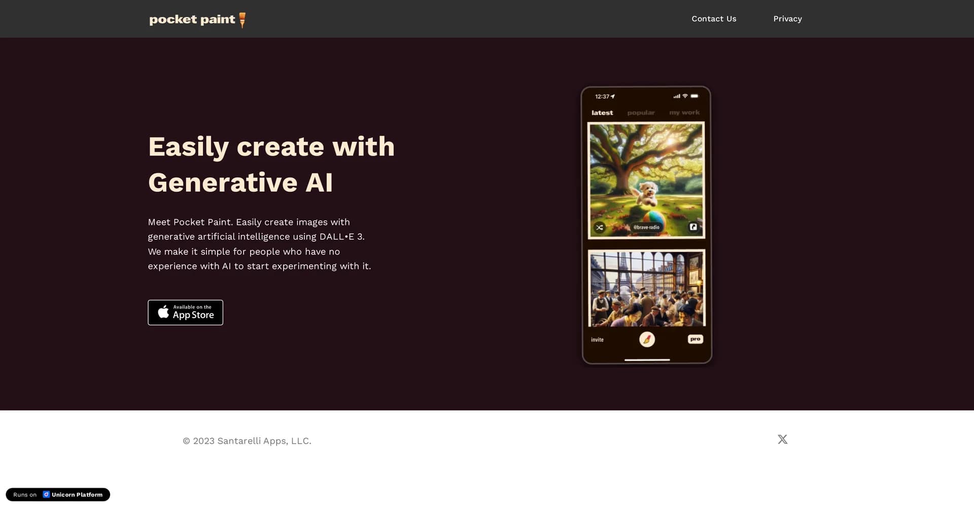 Pocket Paint homepage screenshot — Create AI images effortlessly with DALLE 3.