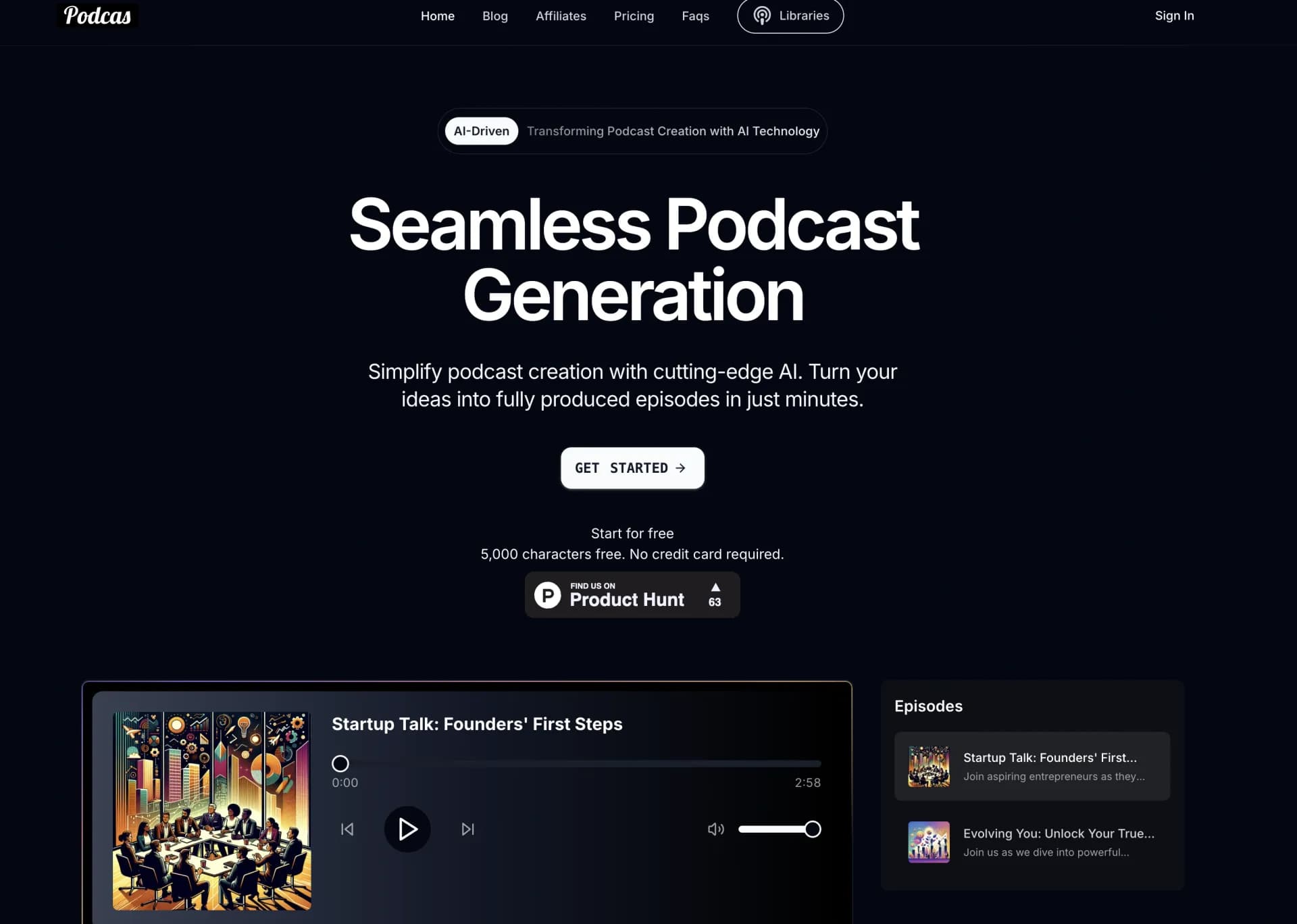 Podcas homepage screenshot — Generate engaging podcasts with AI in minutes