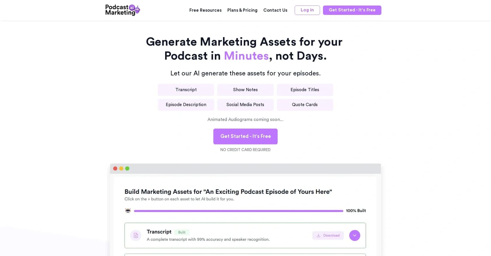 Podcast Marketing AI homepage screenshot — Generate podcast marketing assets in minutes with AI