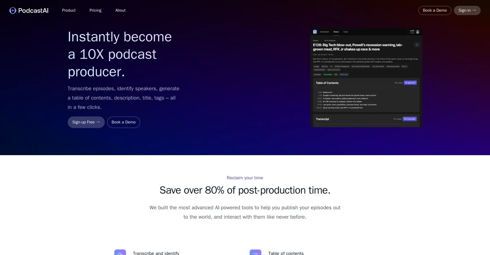 PodcastAI homepage screenshot — Enhanced podcast production process.